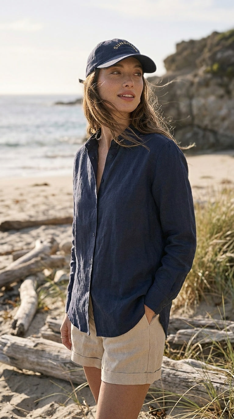 Amelia - Navy premium 100% linen: Collared shirt