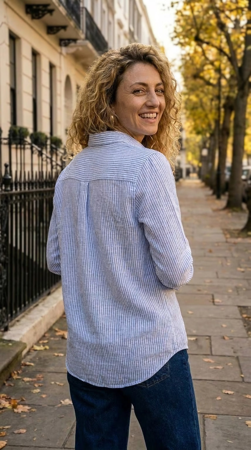 Ellie - Blue stripe: Classic Collared Shirt with a Cuff