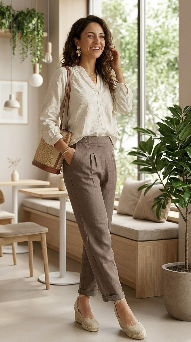 Helena - Mocha rayon linen: Slim leg pants