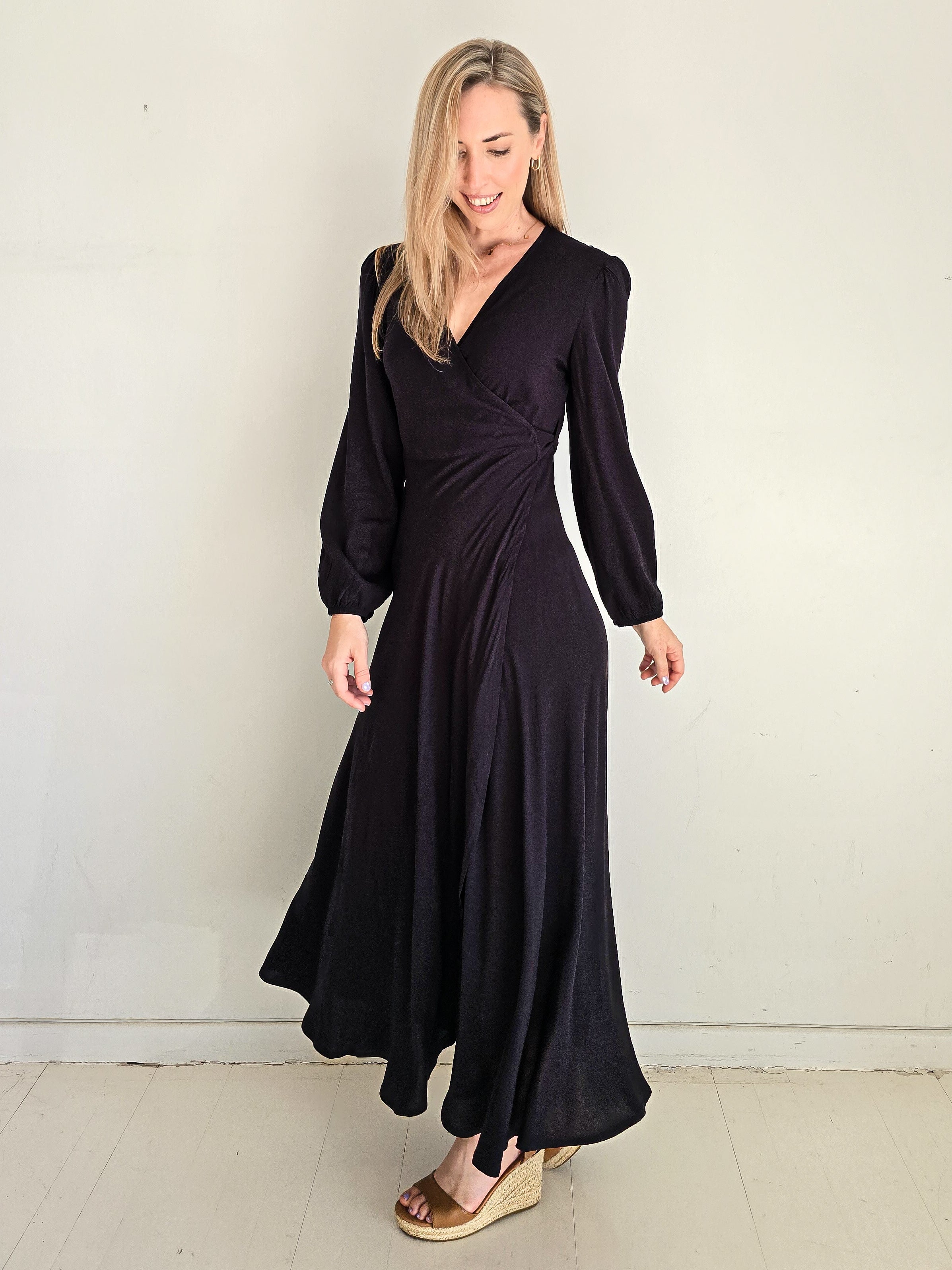 Bonny - Black: Long Sleeve Maxi Wrap dress
