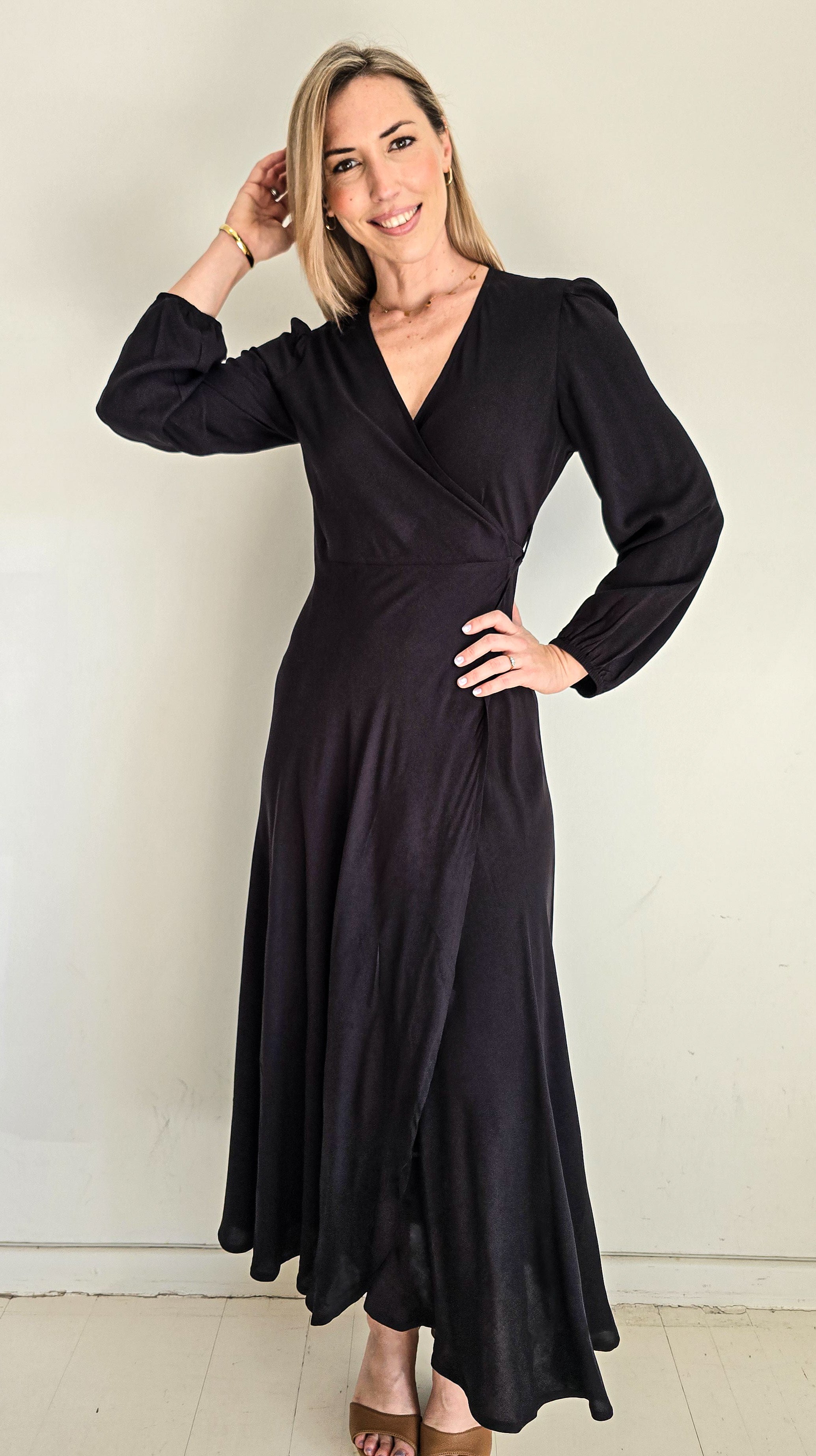 Bonny - Black: Long Sleeve Maxi Wrap dress