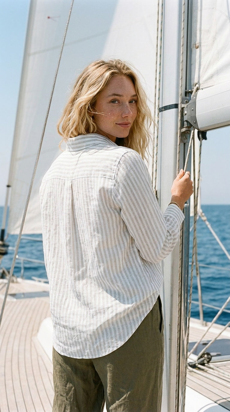 Ellie - Sage stripe: Classic Collared Shirt with a Cuff
