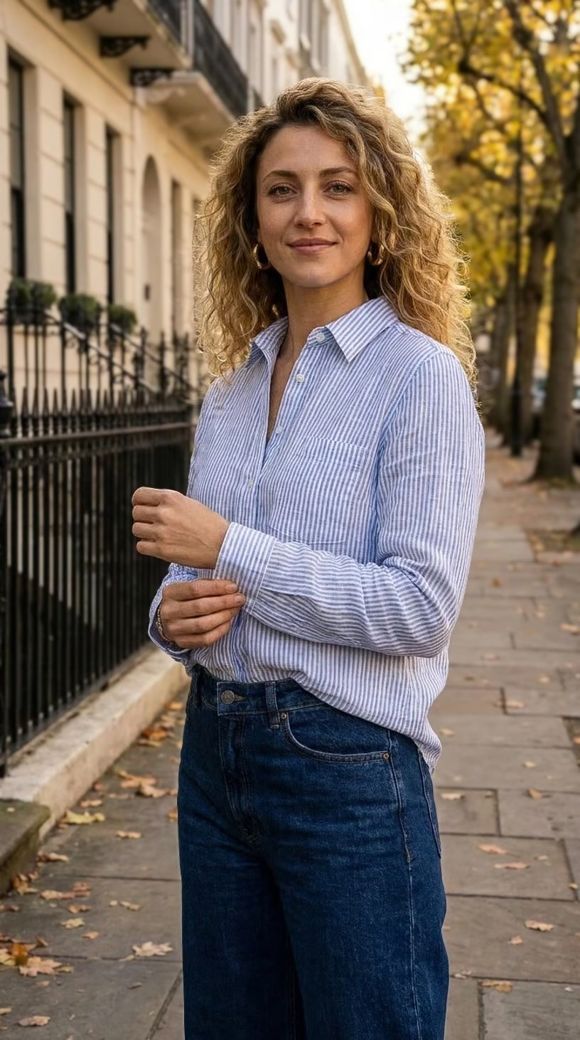 Ellie - Blue stripe: Classic Collared Shirt with a Cuff