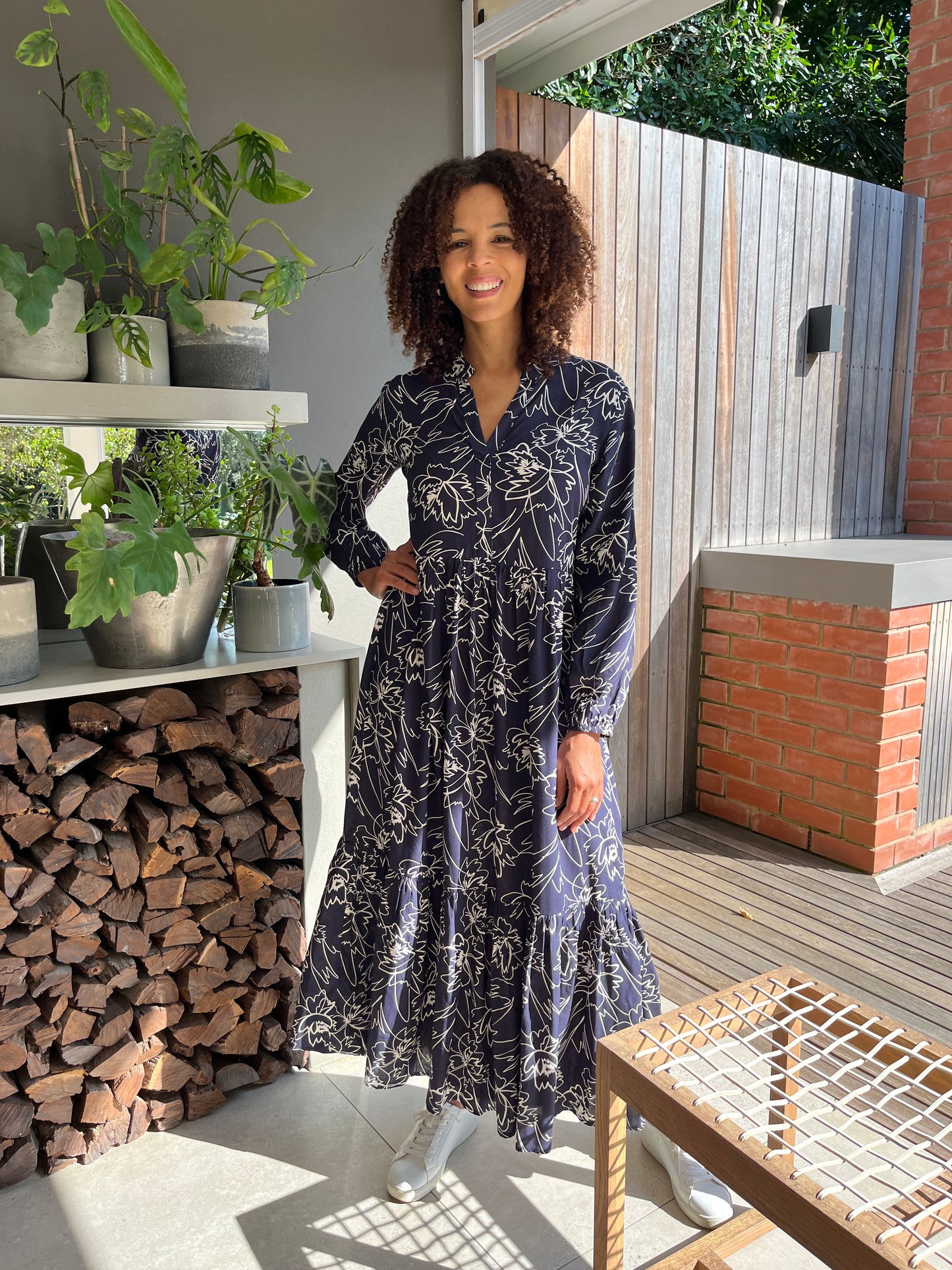 Winter Rose - Classic Floral: V-neck mandarin collar tiered dress with elasticated long sleeves