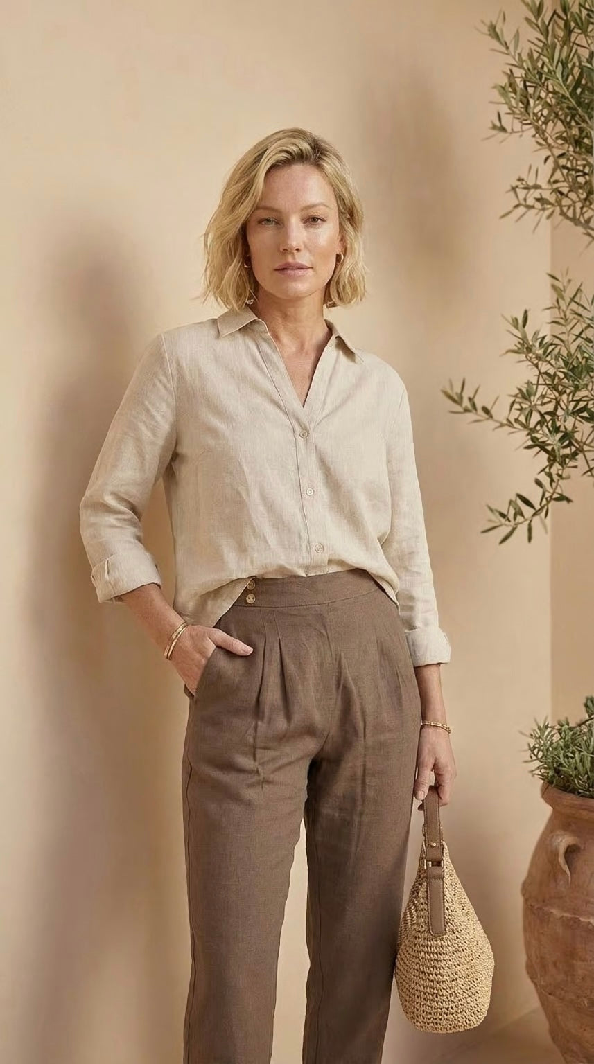 Helena - Mocha rayon linen: Slim leg pants