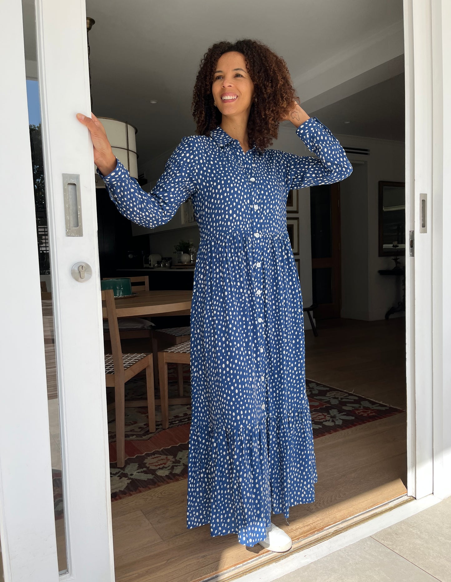 Maddison Maxi - Abstract Spot: Button - Up Collared Tiered Maxi Dress