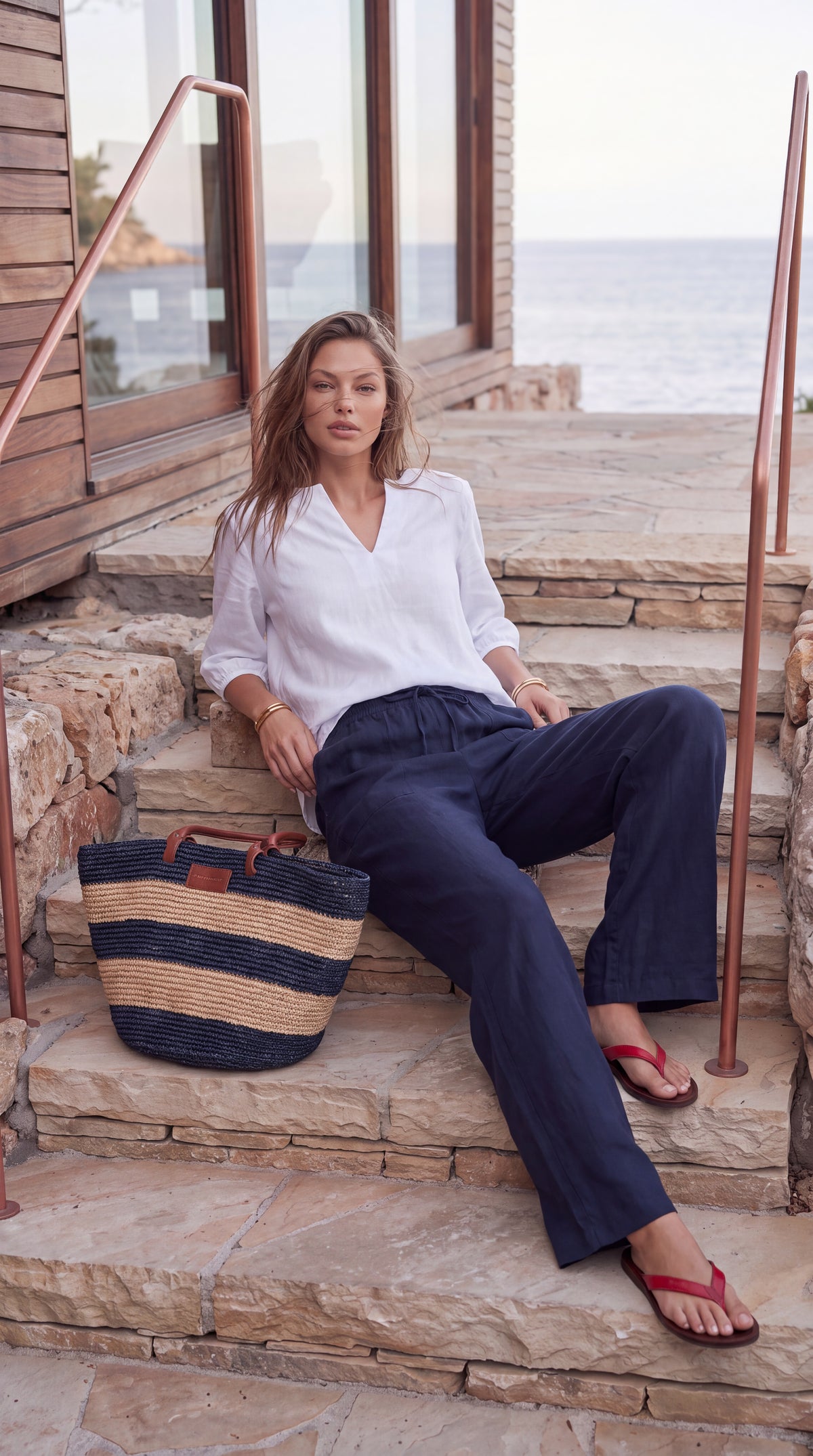 Mylo - French Navy Premium 100% linen: Wide leg pants