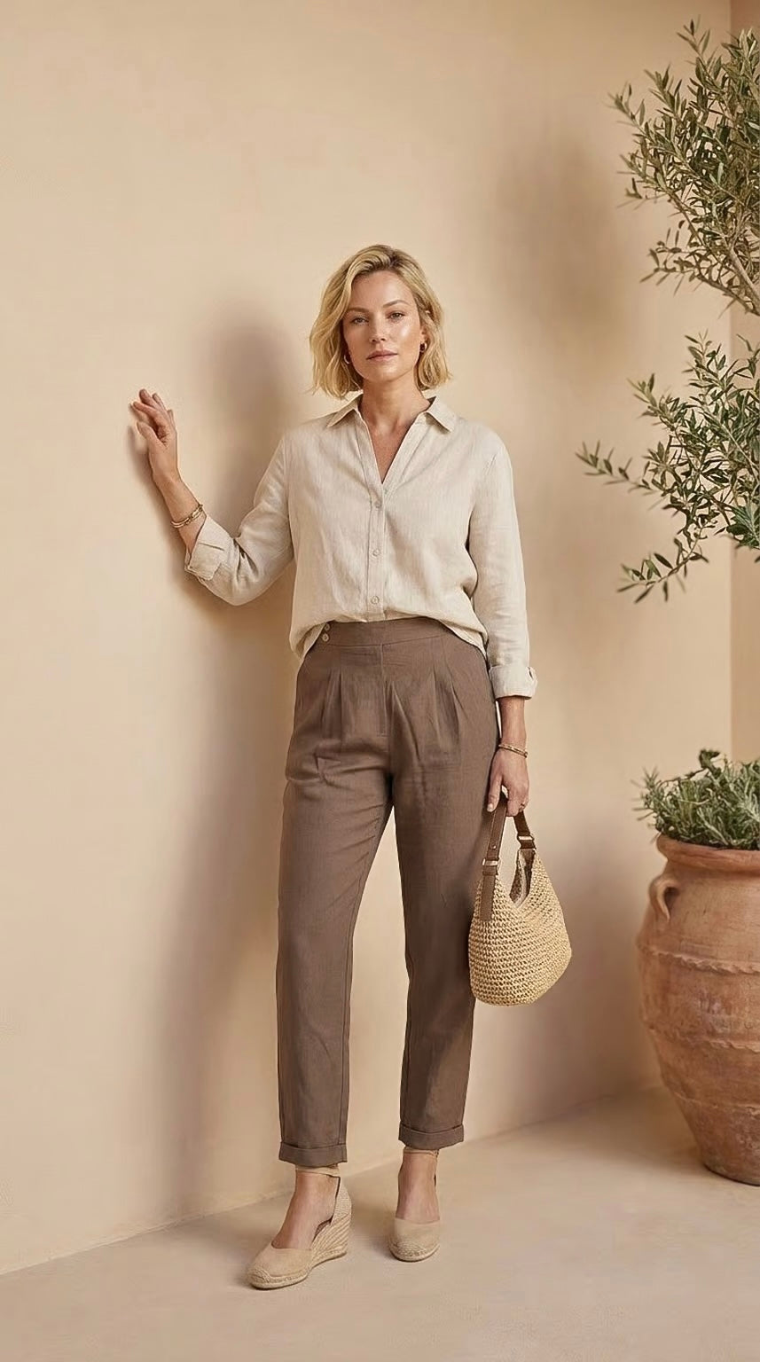 Helena - Mocha rayon linen: Slim leg pants