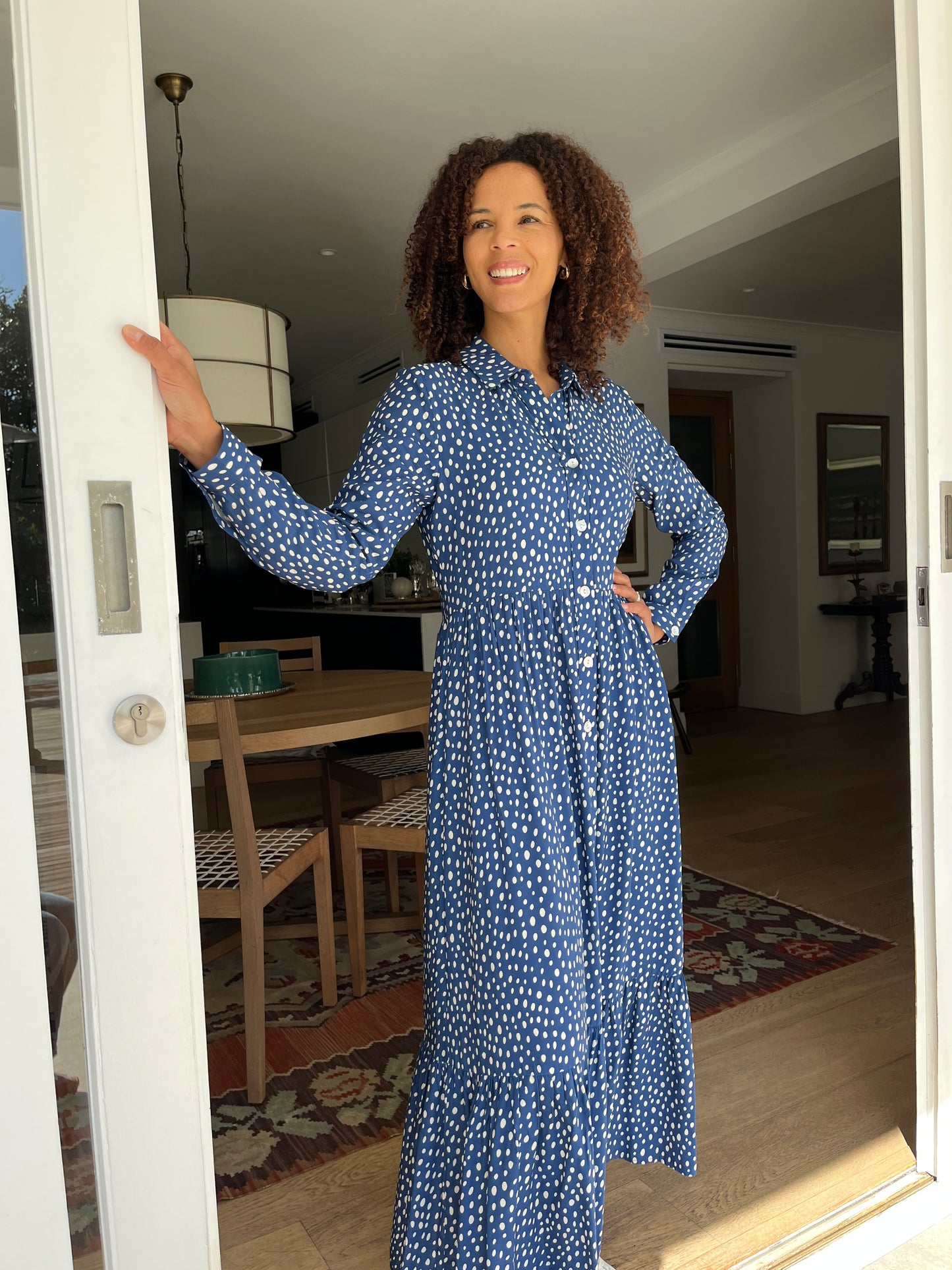 Maddison Maxi - Abstract Spot: Button - Up Collared Tiered Maxi Dress