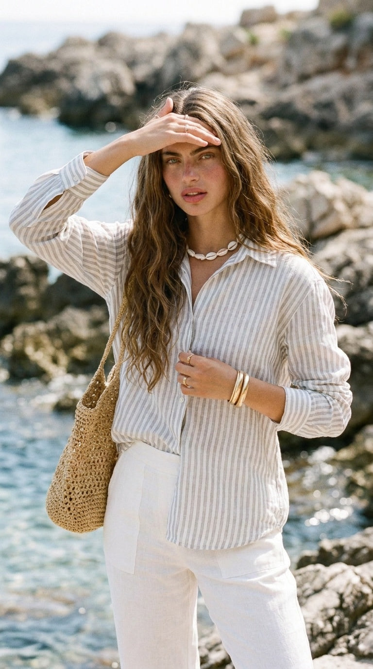 Ellie - Dusty Blue stripe: Classic Collared Shirt with a Cuff