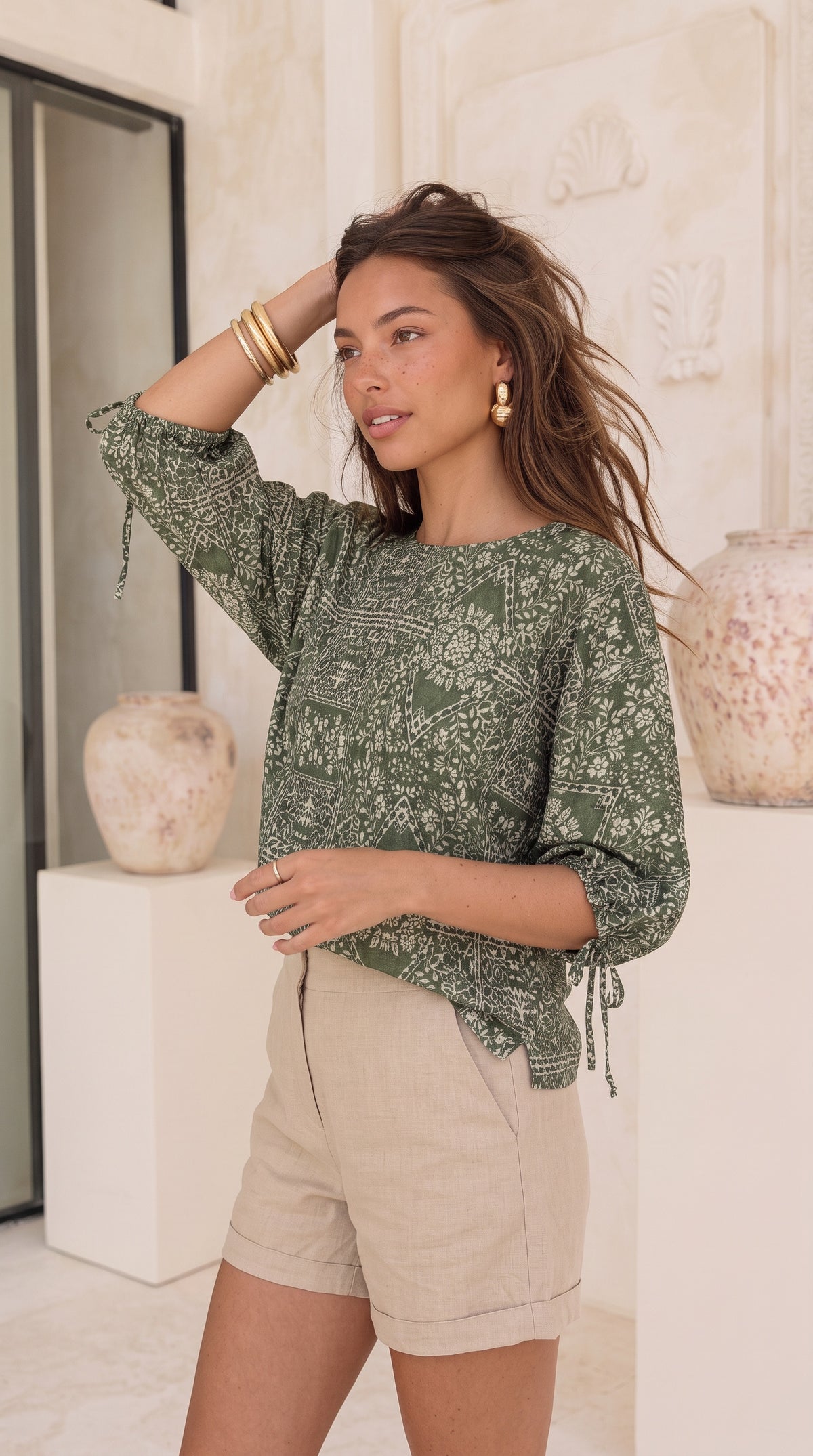 Veda - Wild Horizon: 3/4 sleeve blouse with tie detail