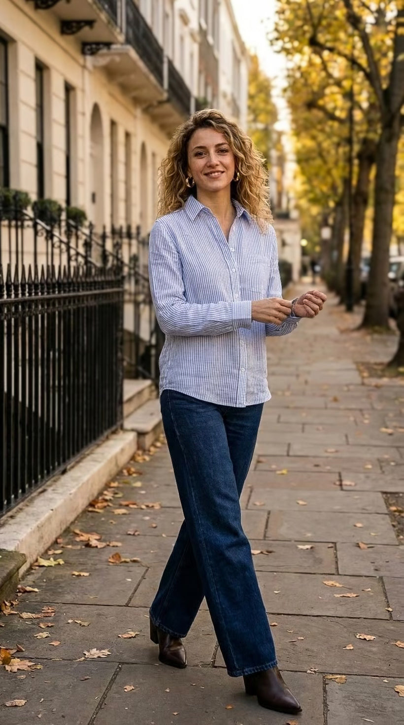 Ellie - Blue stripe: Classic Collared Shirt with a Cuff