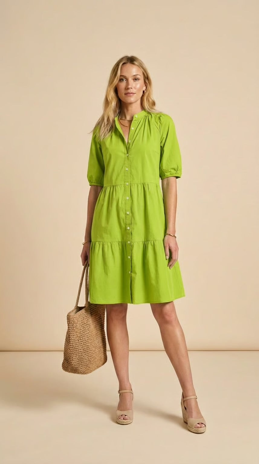 Julie - Lime: Tiered Button-up Dress in Poplin