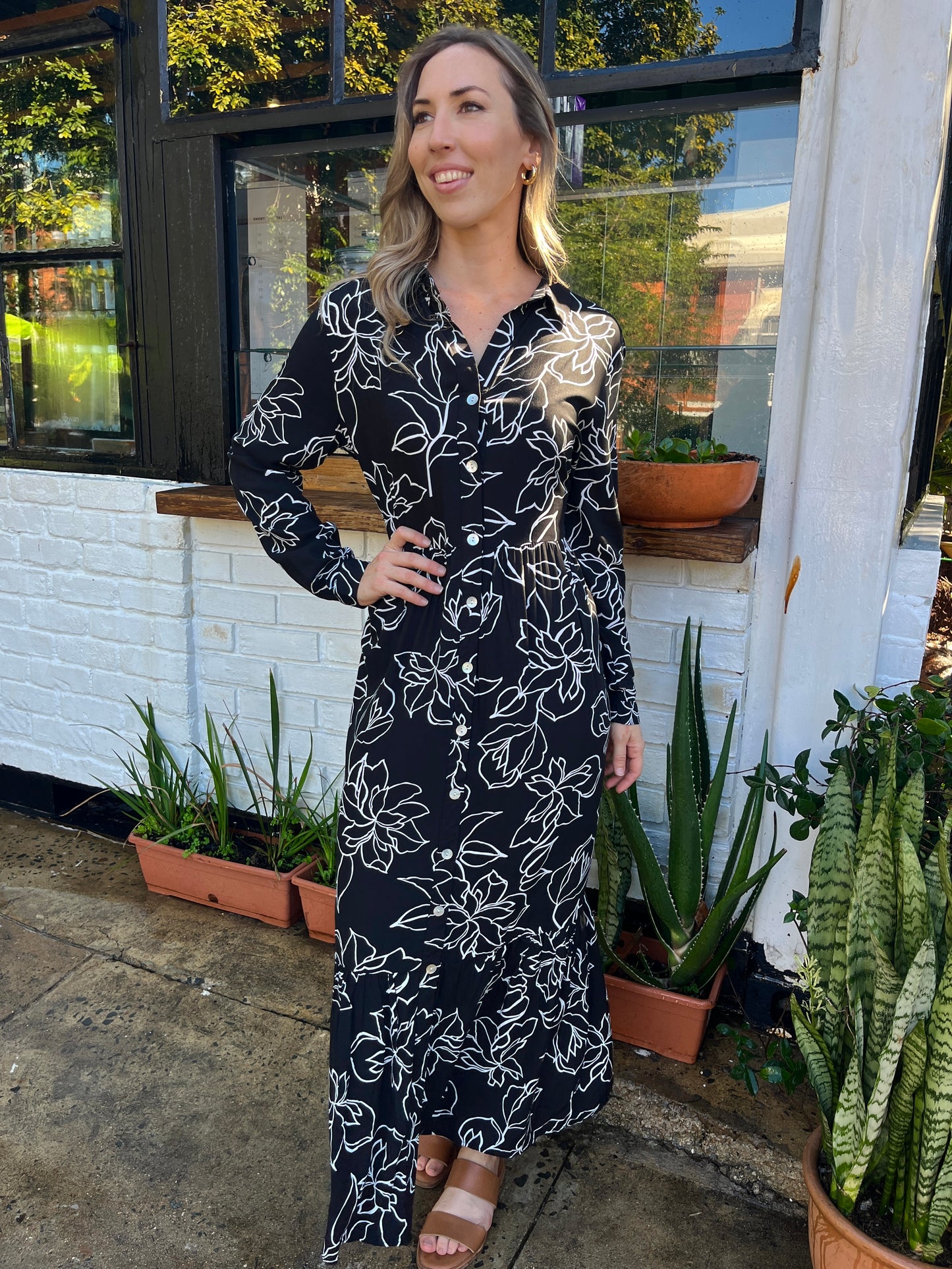 Maddison Maxi - Bold Abstract Flower: Button - Up Collared Tiered Maxi Dress