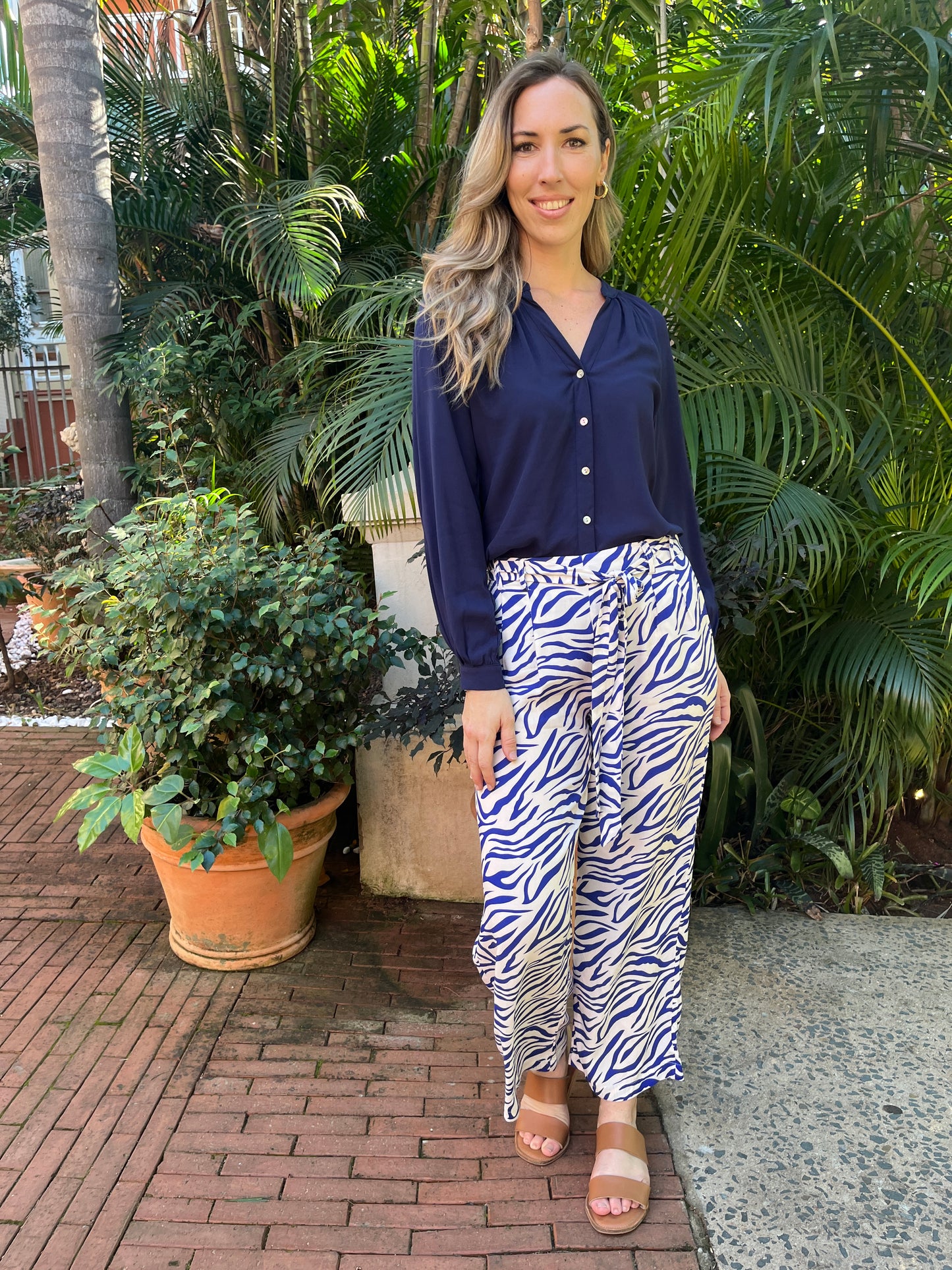 Maple - Blue Zebra: Wide leg full length pants with tie detail