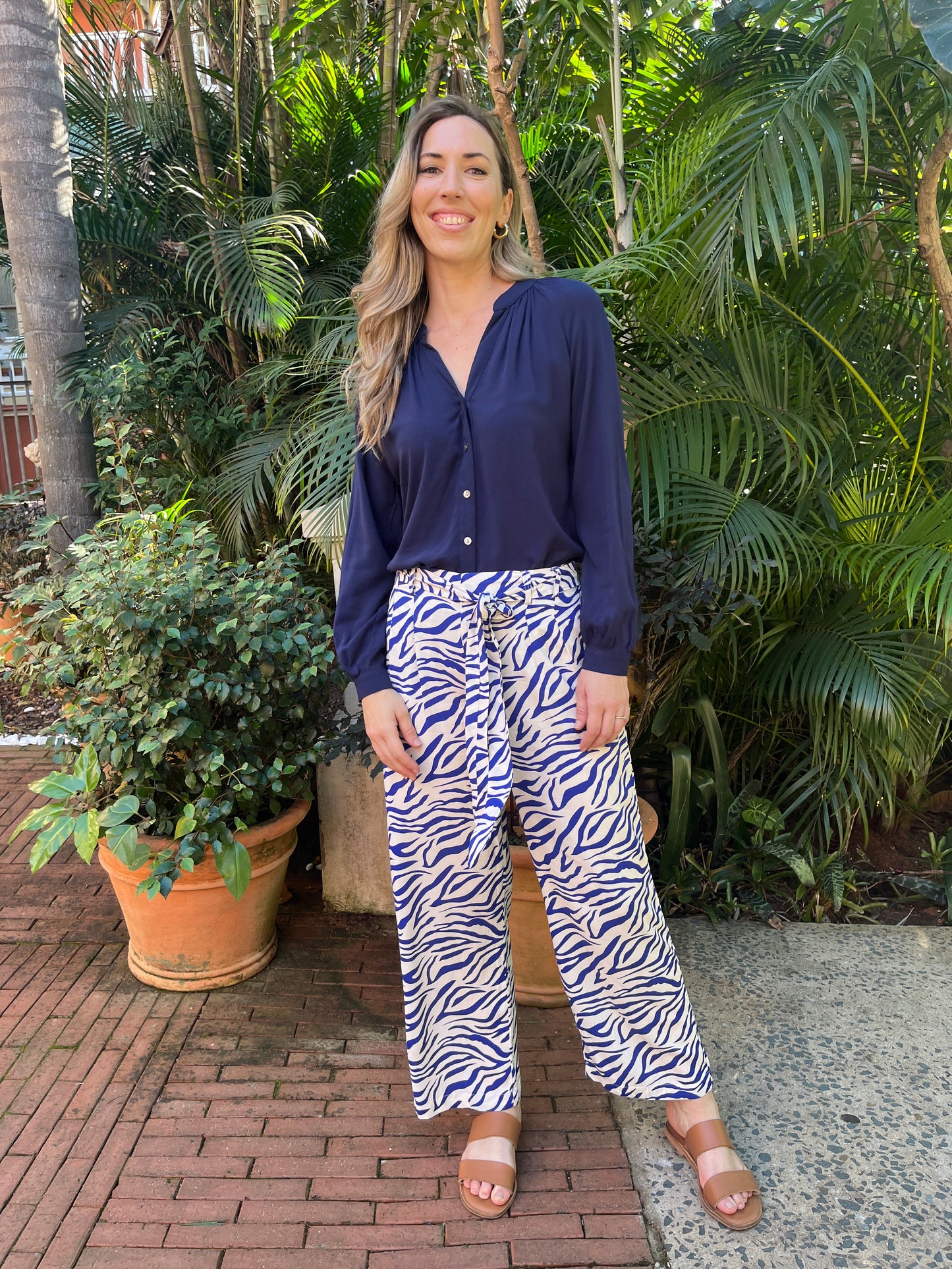 Maple - Blue Zebra: Wide leg full length pants with tie detail