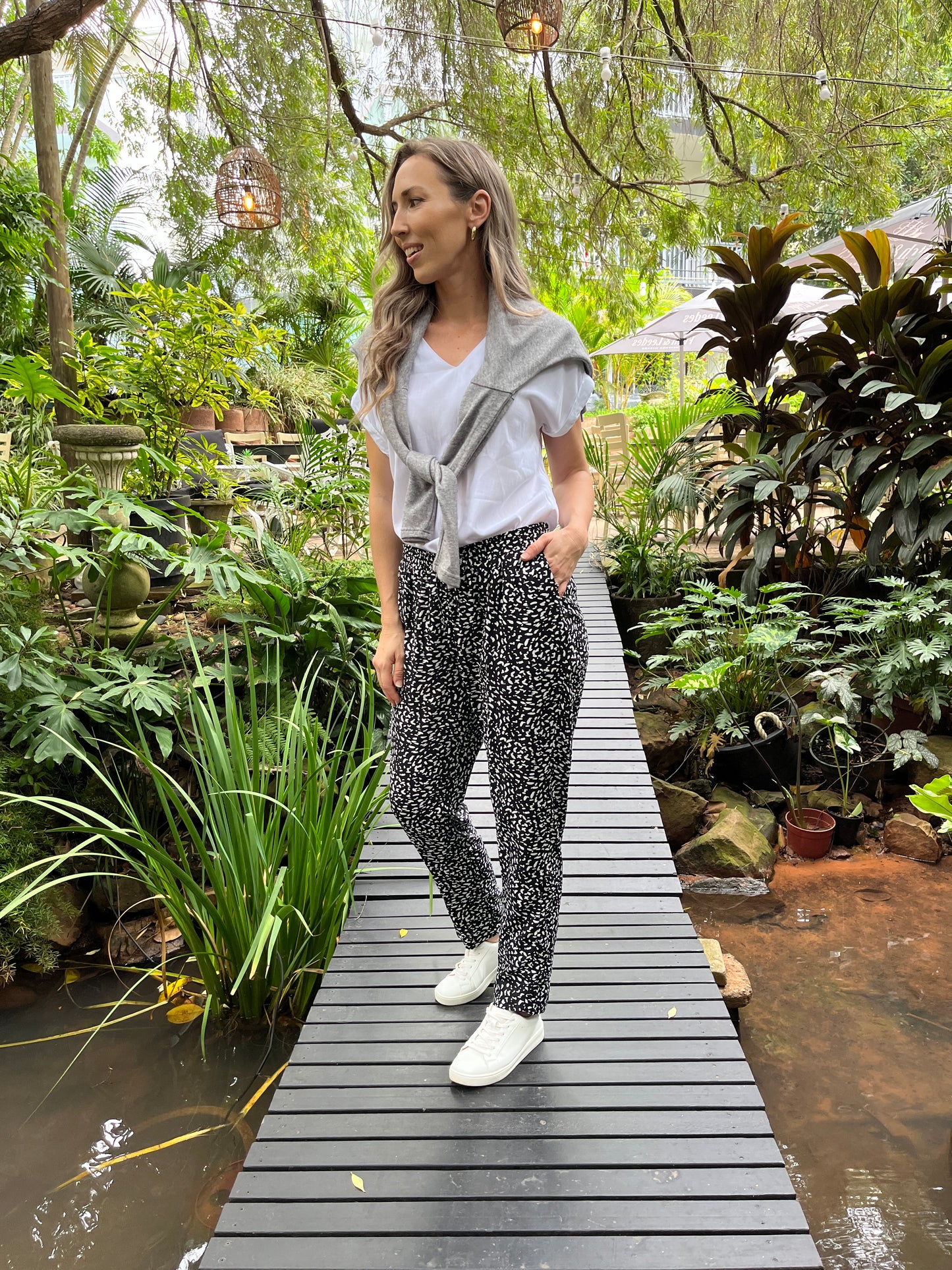 Gia - Black Abstract Spot: Classic Pants with Elasticated waistband and straight leg