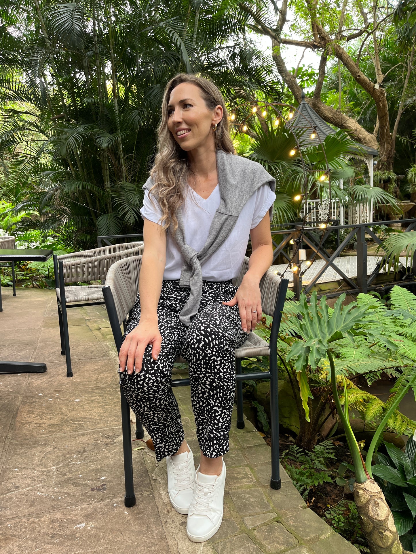 Gia - Black Abstract Spot: Classic Pants with Elasticated waistband and straight leg