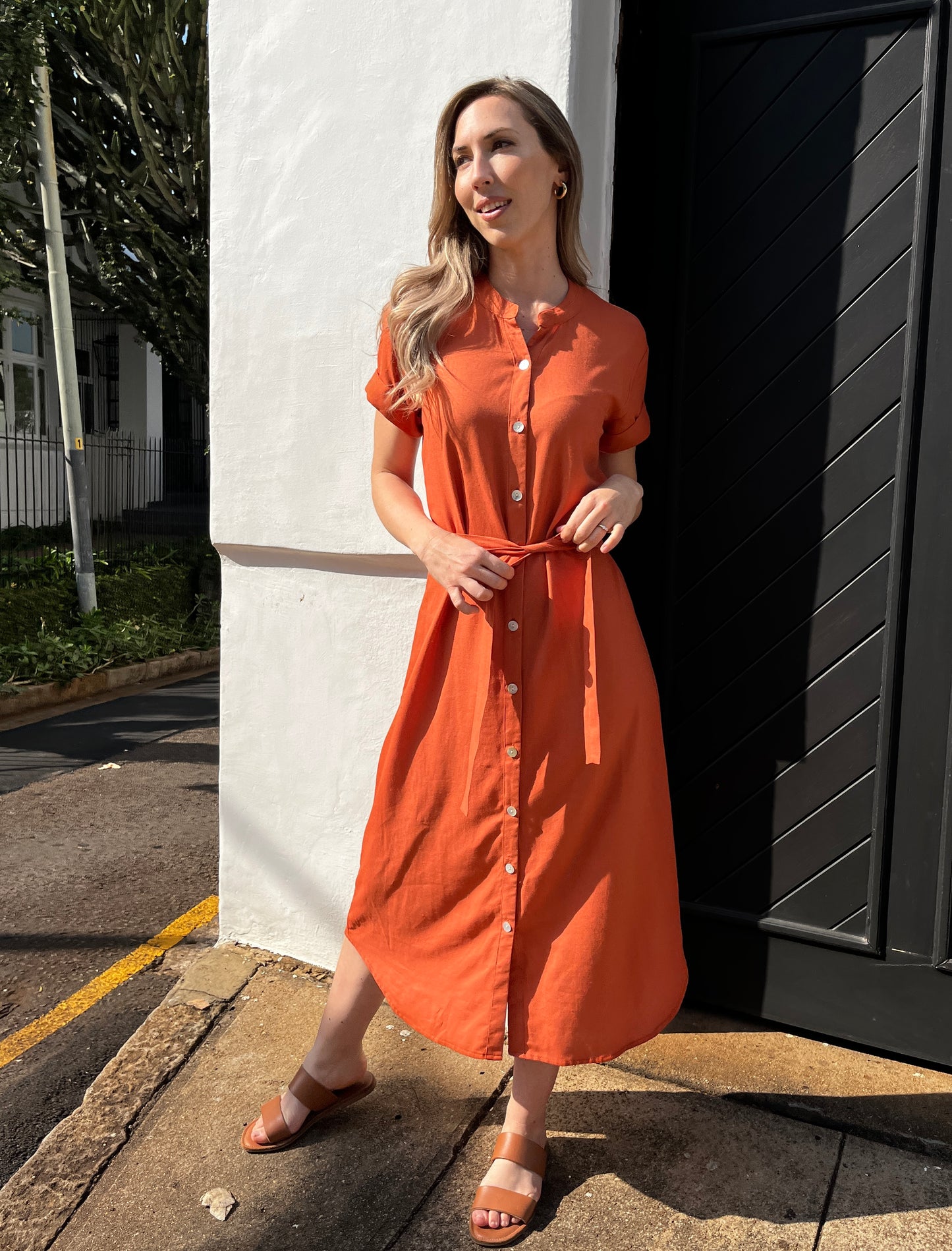 Iris - Linen Rust: Classic Button Up Maxi Shirt Dress