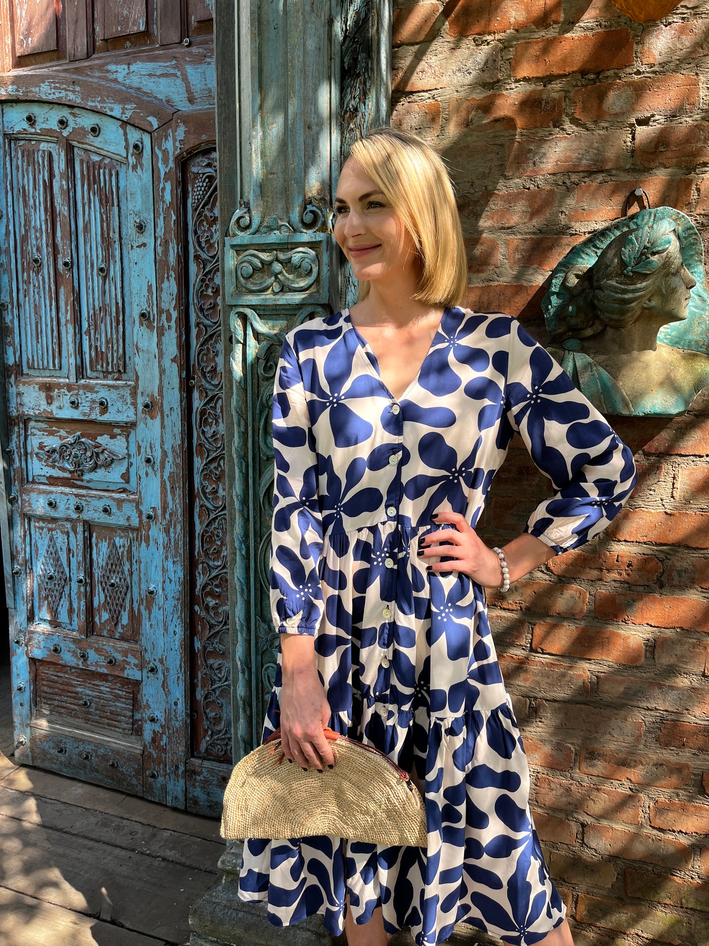 Isla - Geo Fantasy: 3/4 Sleeve V-neck Button-up Midi Dress