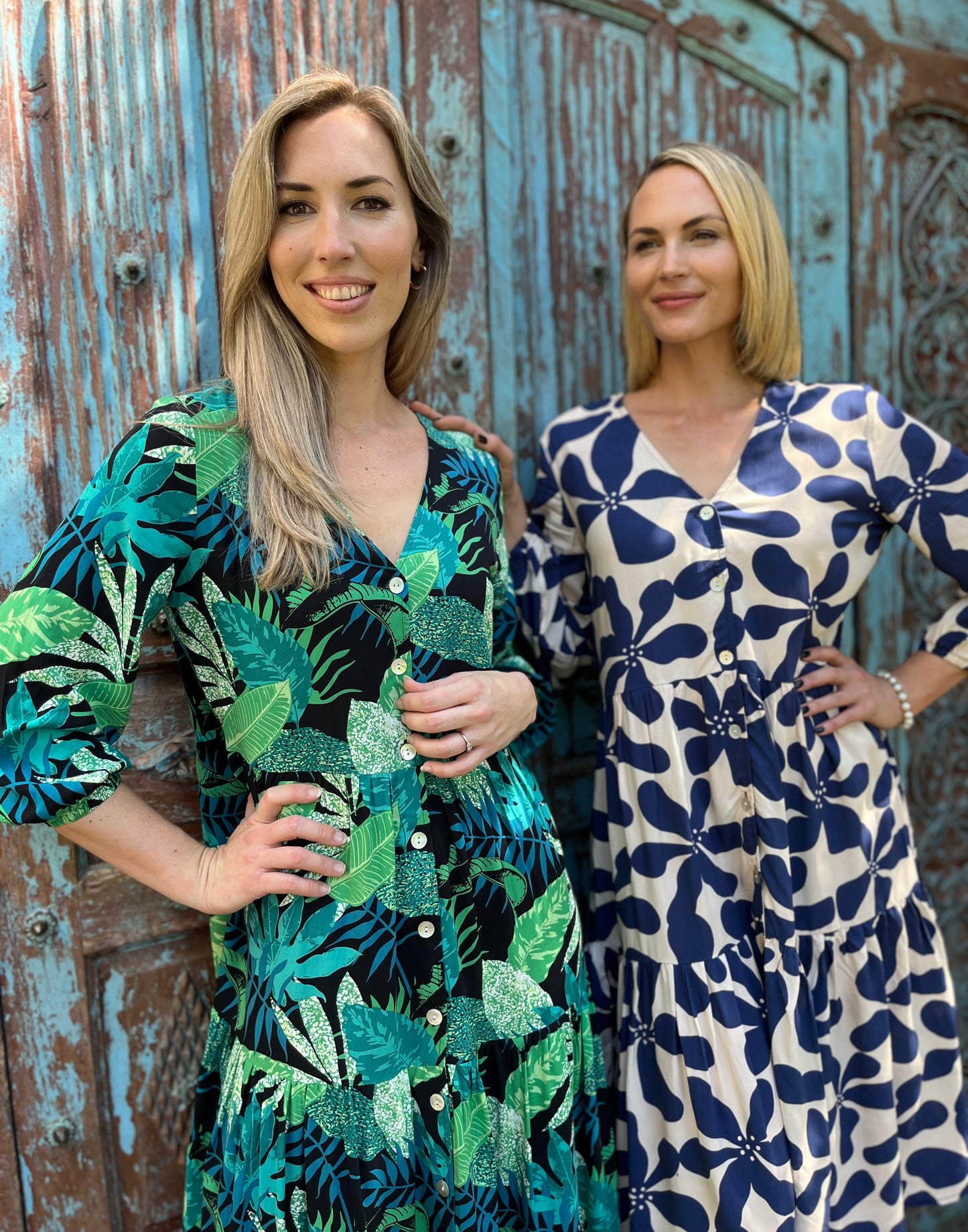 Isla - Geo Fantasy: 3/4 Sleeve V-neck Button-up Midi Dress