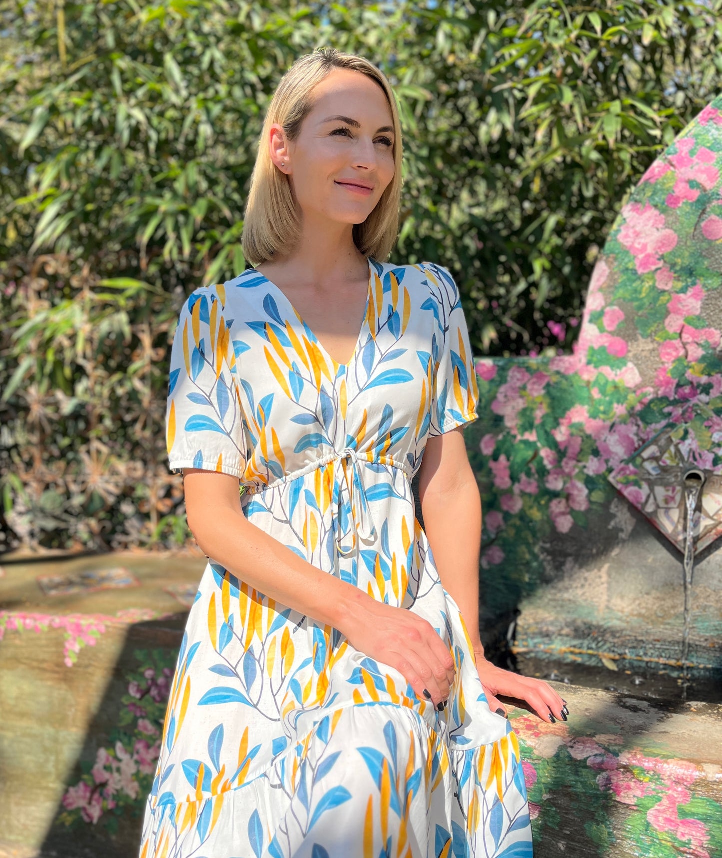 Lyn Maxi - Cheerful Garden: V-Neck elasticated waistline detail Maxi Dress