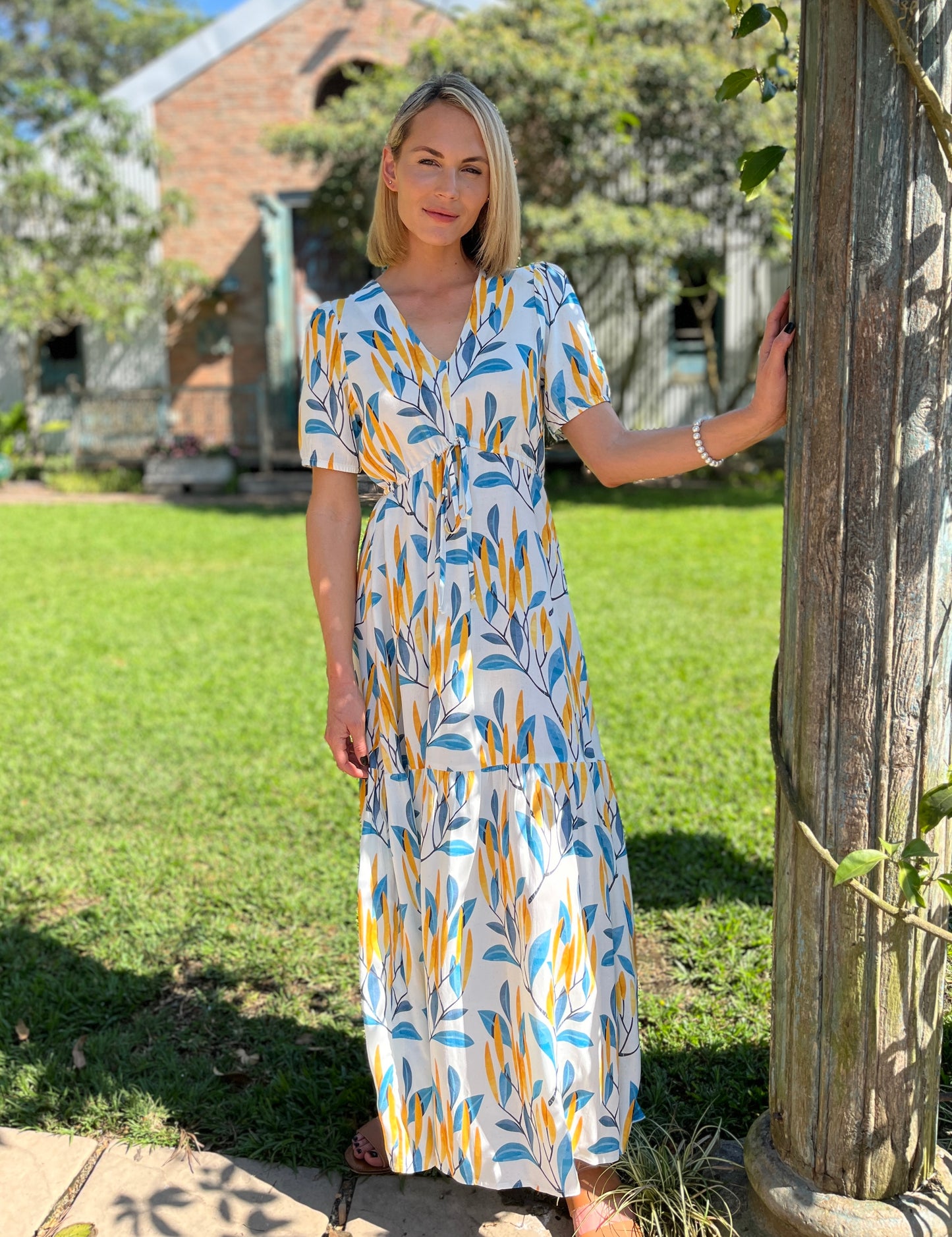 Lyn Maxi - Cheerful Garden: V-Neck elasticated waistline detail Maxi Dress
