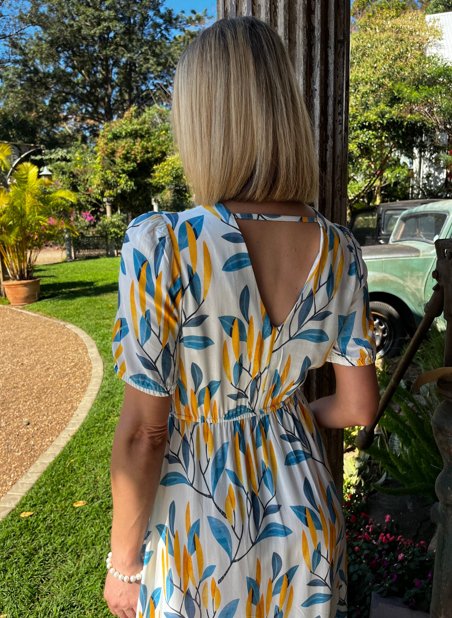 Lyn Maxi - Cheerful Garden: V-Neck elasticated waistline detail Maxi Dress