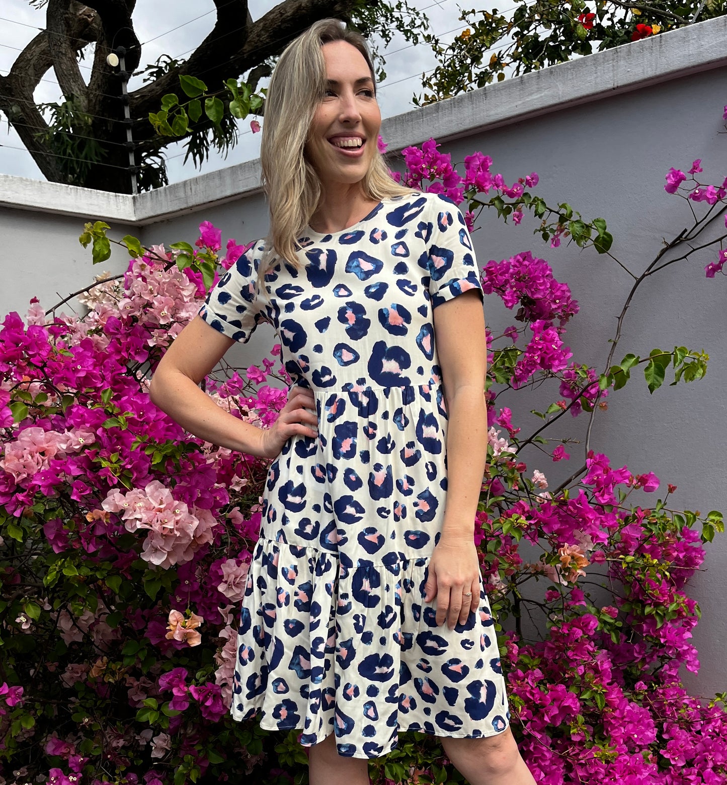 Hailey - Oversized Leopard: Classic Short Sleeve Tiered Midi Dress
