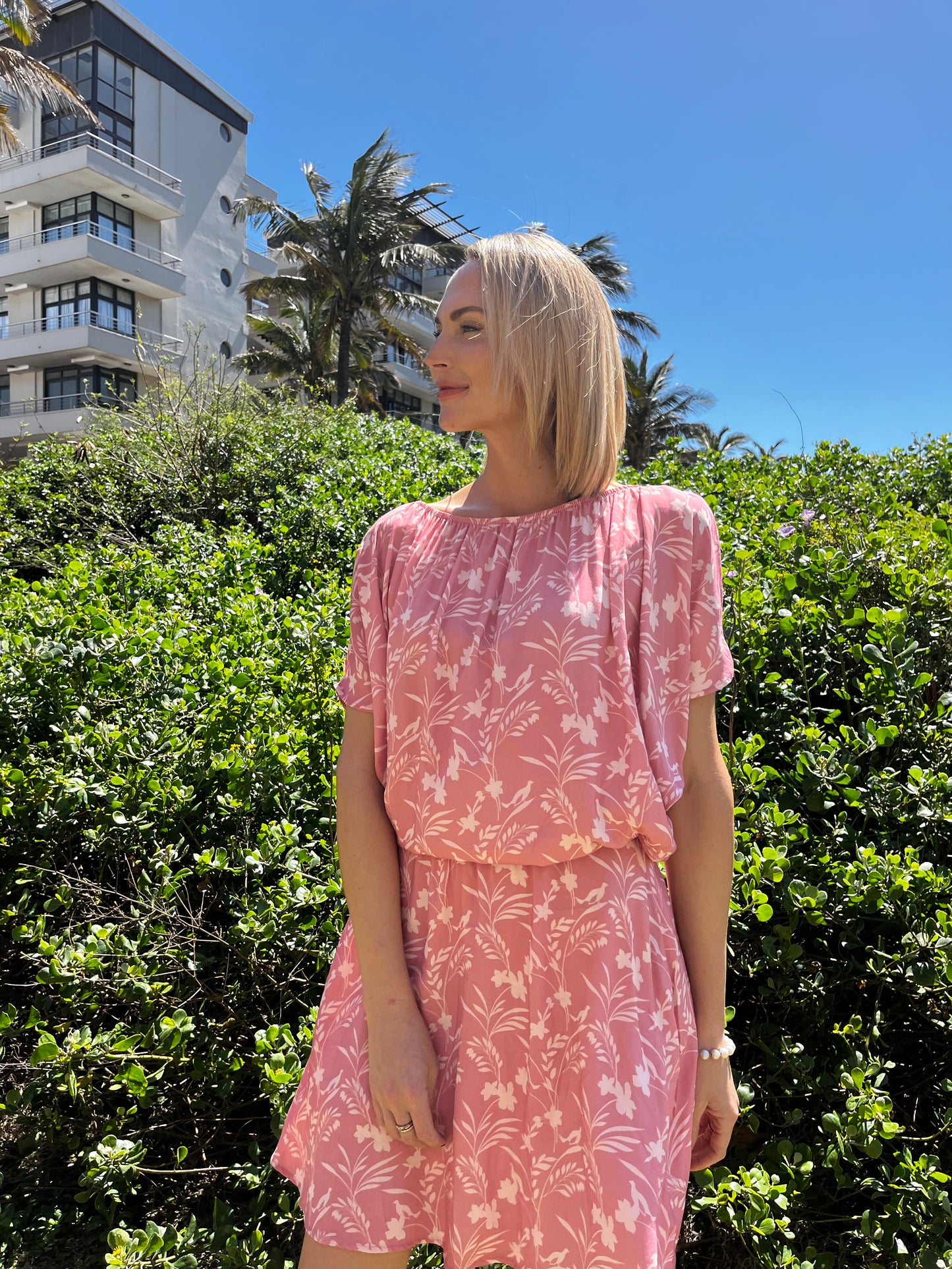 Boho Midi Dress - Floral Bird: Sheered elasticated waistband midi dress