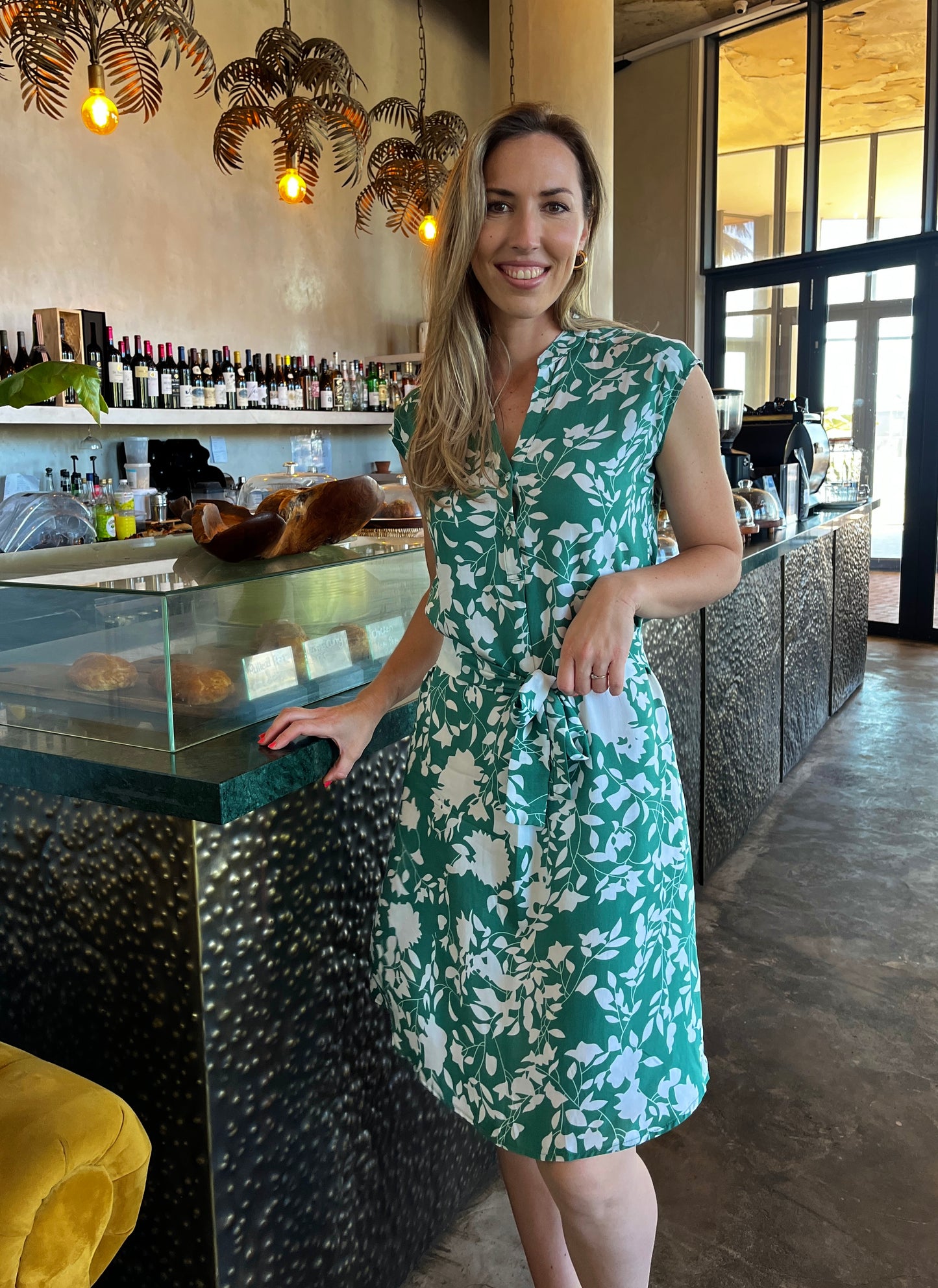 Kyla - Green Floral: Cap Sleeve Classic Midi Dress with belt