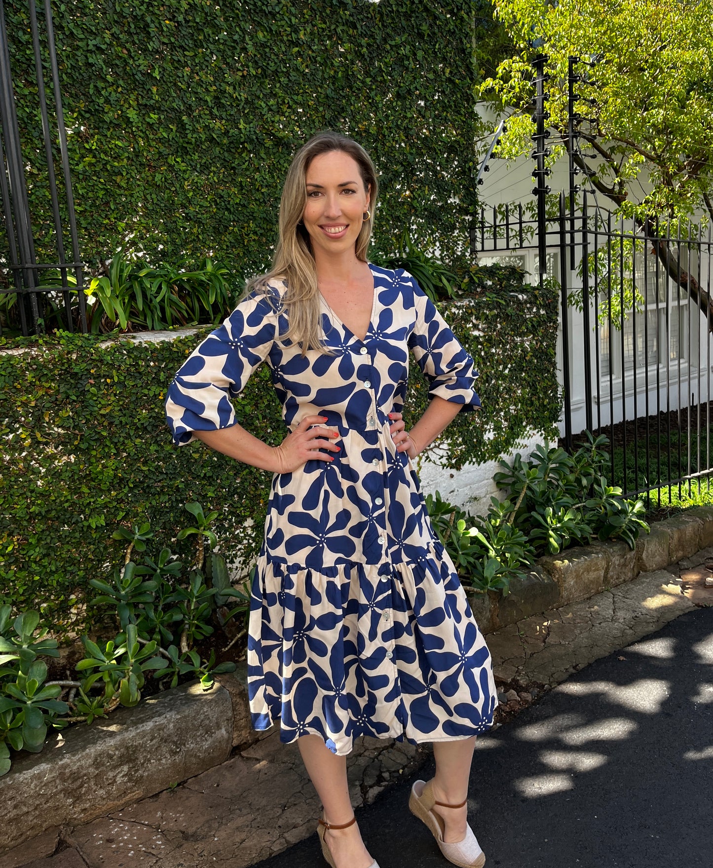 Isla - Geo Fantasy: 3/4 Sleeve V-neck Button-up Midi Dress