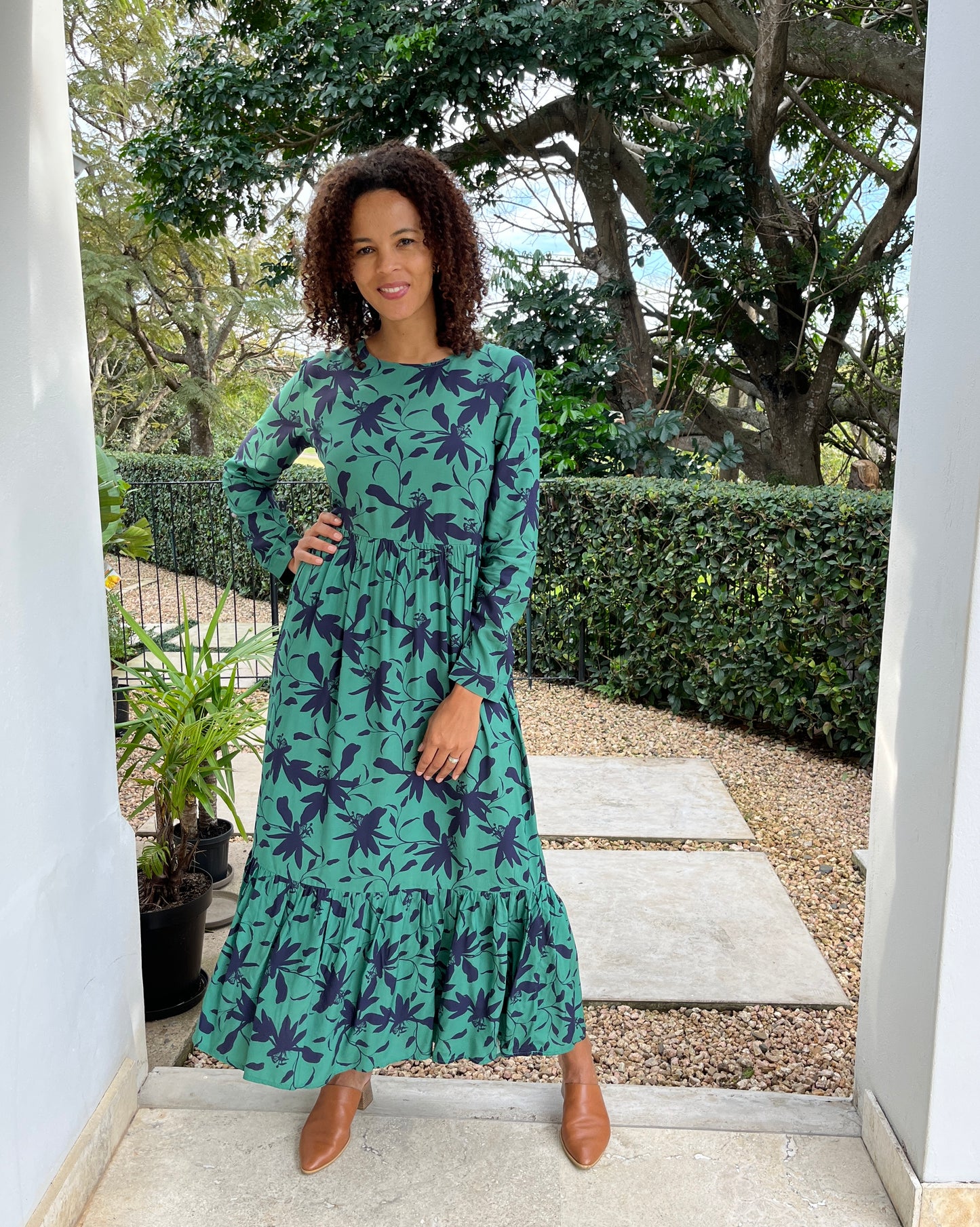 Willow - Floral Perfection: Long Sleeve Round Neck Classic Maxi Tiered Dress
