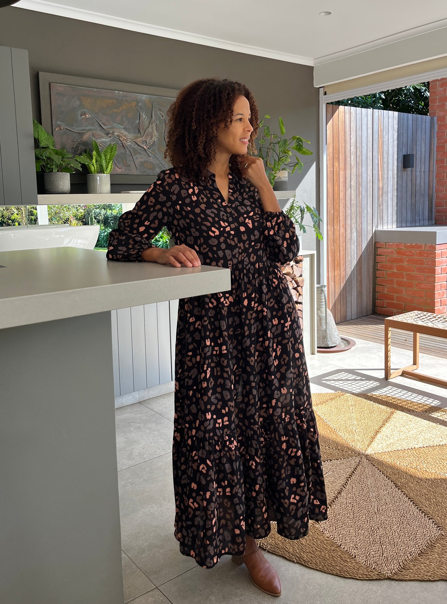 Winter Rose - Taupe Leopard: V - Neck Mandarin Collar Tiered Dress With Elasticated Long Sleeves