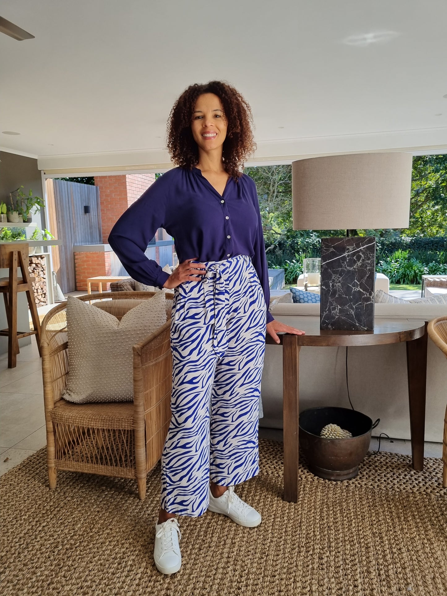 Maple - Blue Zebra: Wide leg full length pants with tie detail
