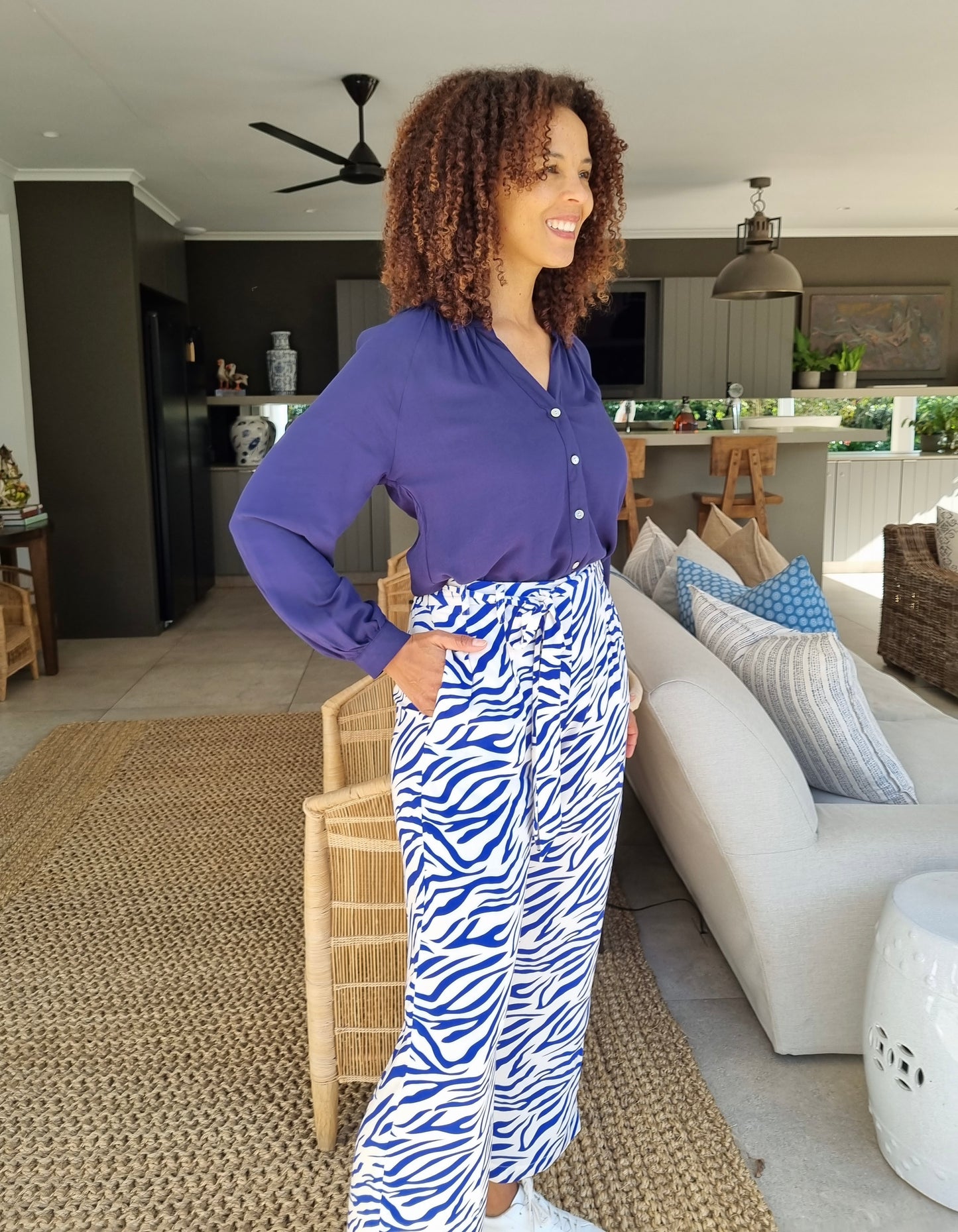 Maple - Blue Zebra: Wide leg full length pants with tie detail
