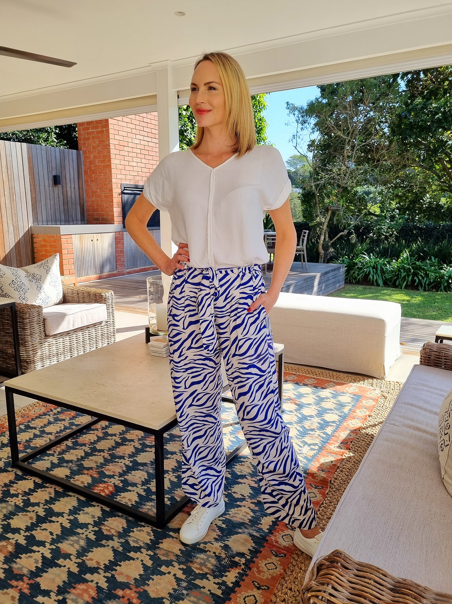 Maple - Blue Zebra: Wide leg full length pants with tie detail