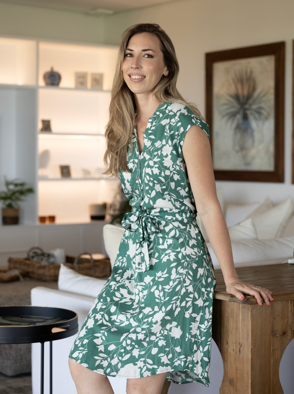 Kyla - Green Floral: Cap Sleeve Classic Midi Dress with belt