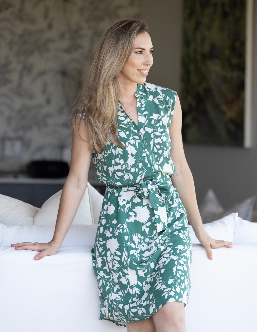 Kyla - Green Floral: Cap Sleeve Classic Midi Dress with belt