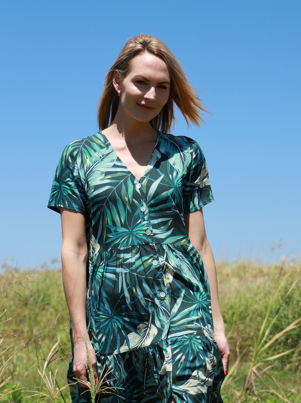Ella - Secret Garden: Short Sleeve V-Neck Knee Length Tiered Midi Button-up Dress