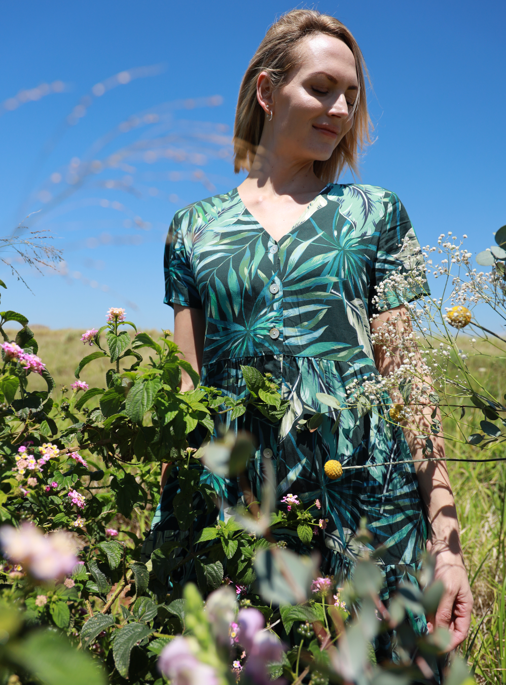 Ella - Secret Garden: Short Sleeve V-Neck Knee Length Tiered Midi Button-up Dress
