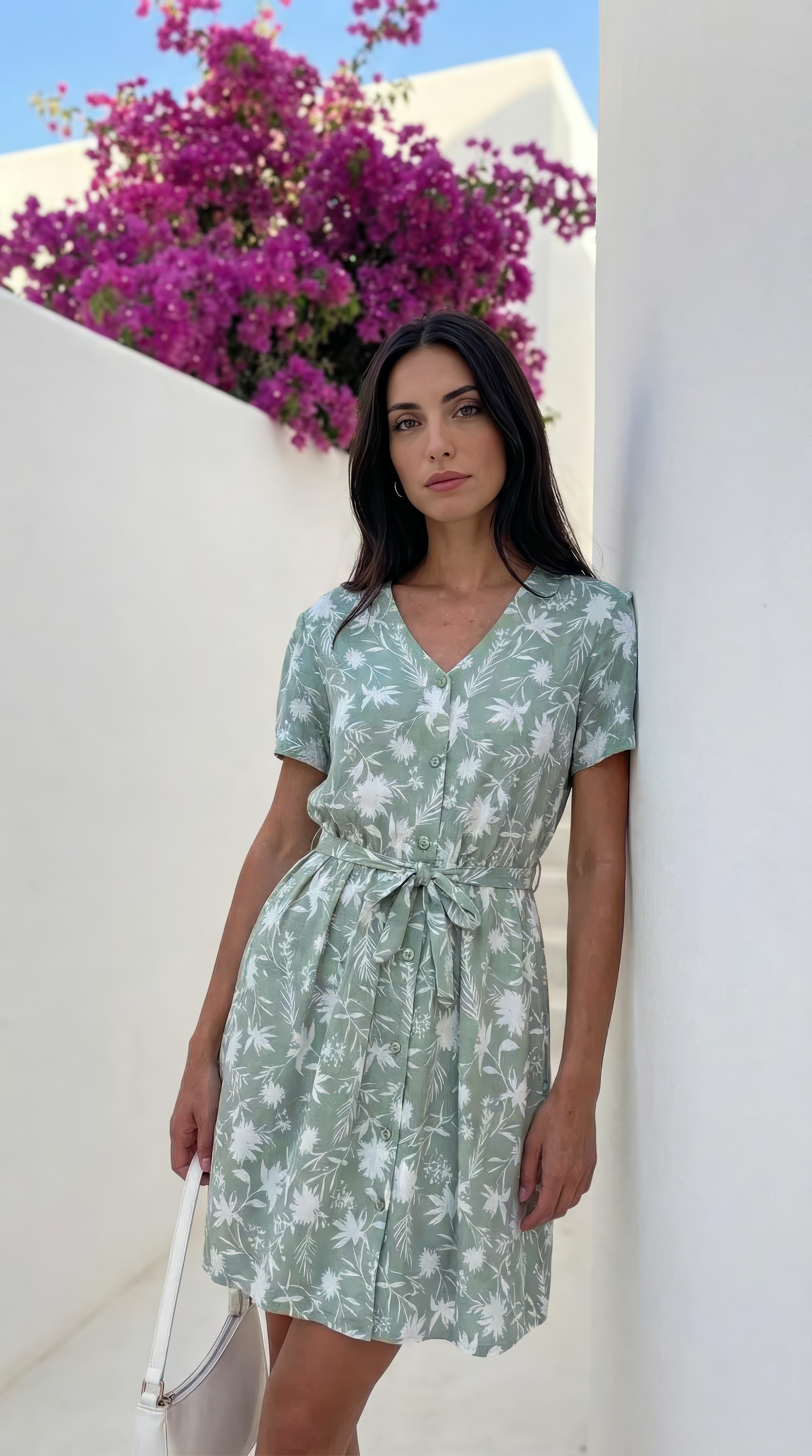 Gemma - Floral Ruffle: V-neck button up mini dress