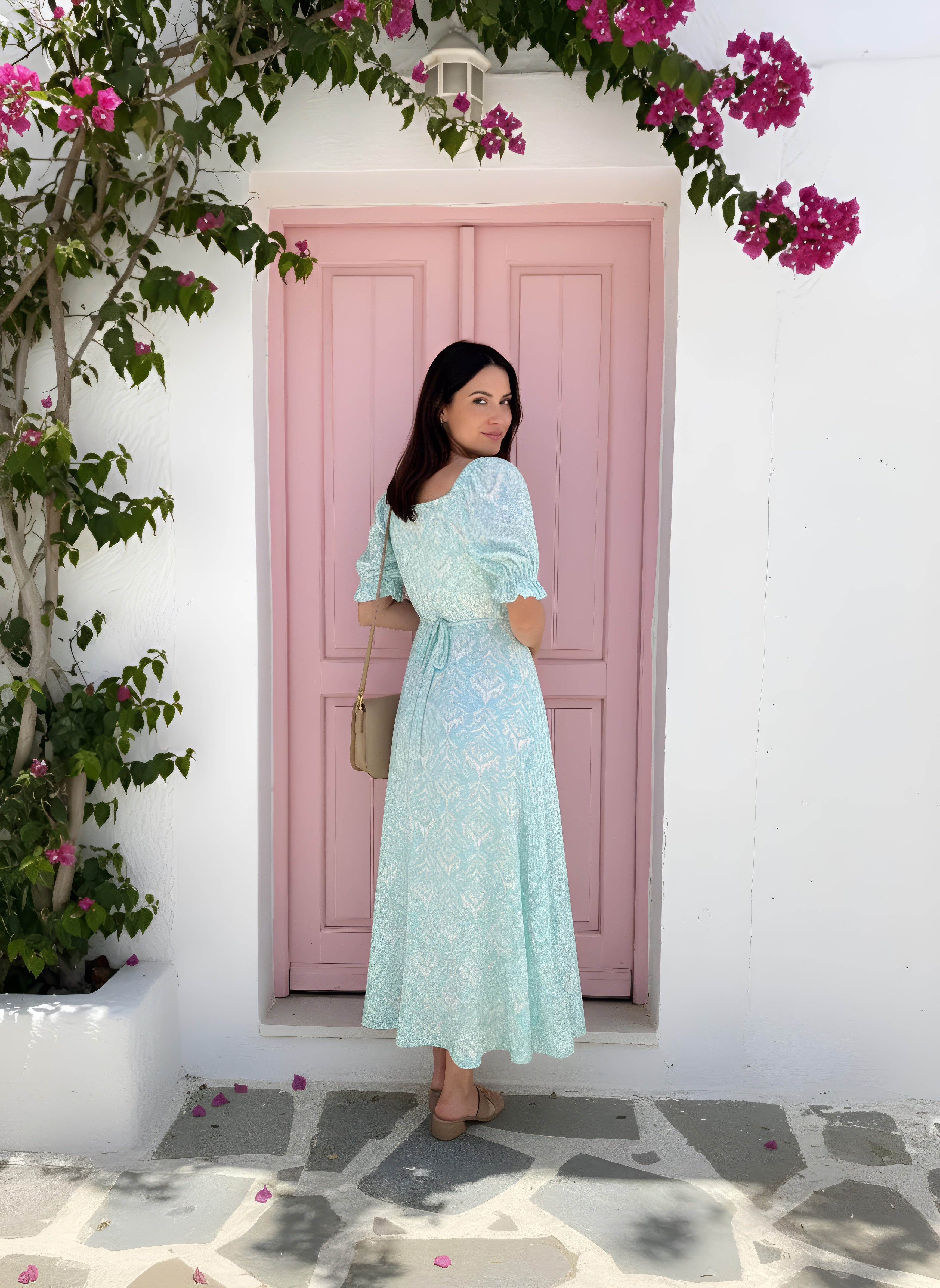 Dom - Wildflower Whisp: Midi dress with belt and puff sleeves