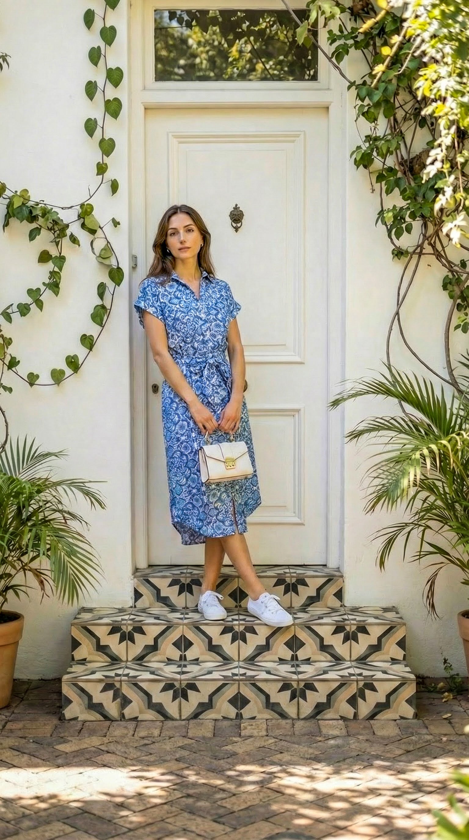 Venice - Oyster Reef: Classic Midi Collared Shirt dress with a belt