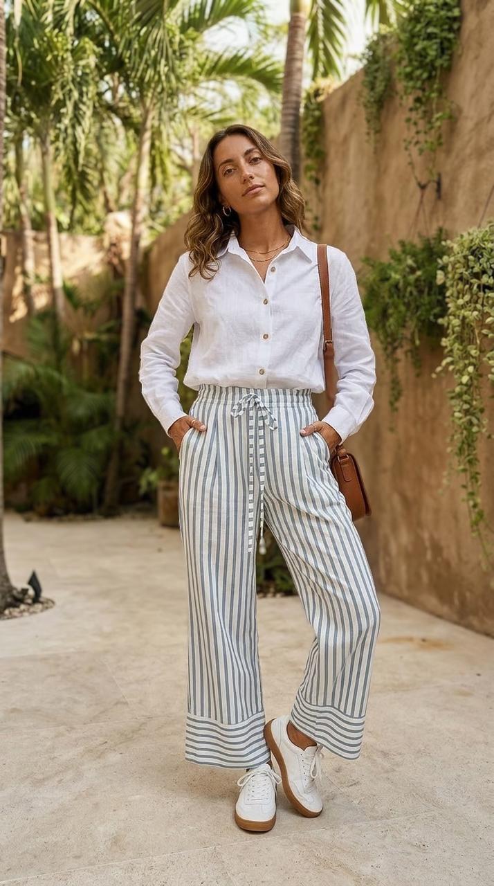 Caprice - Blue Stripe: Wide Leg pants with Elasticated waistband