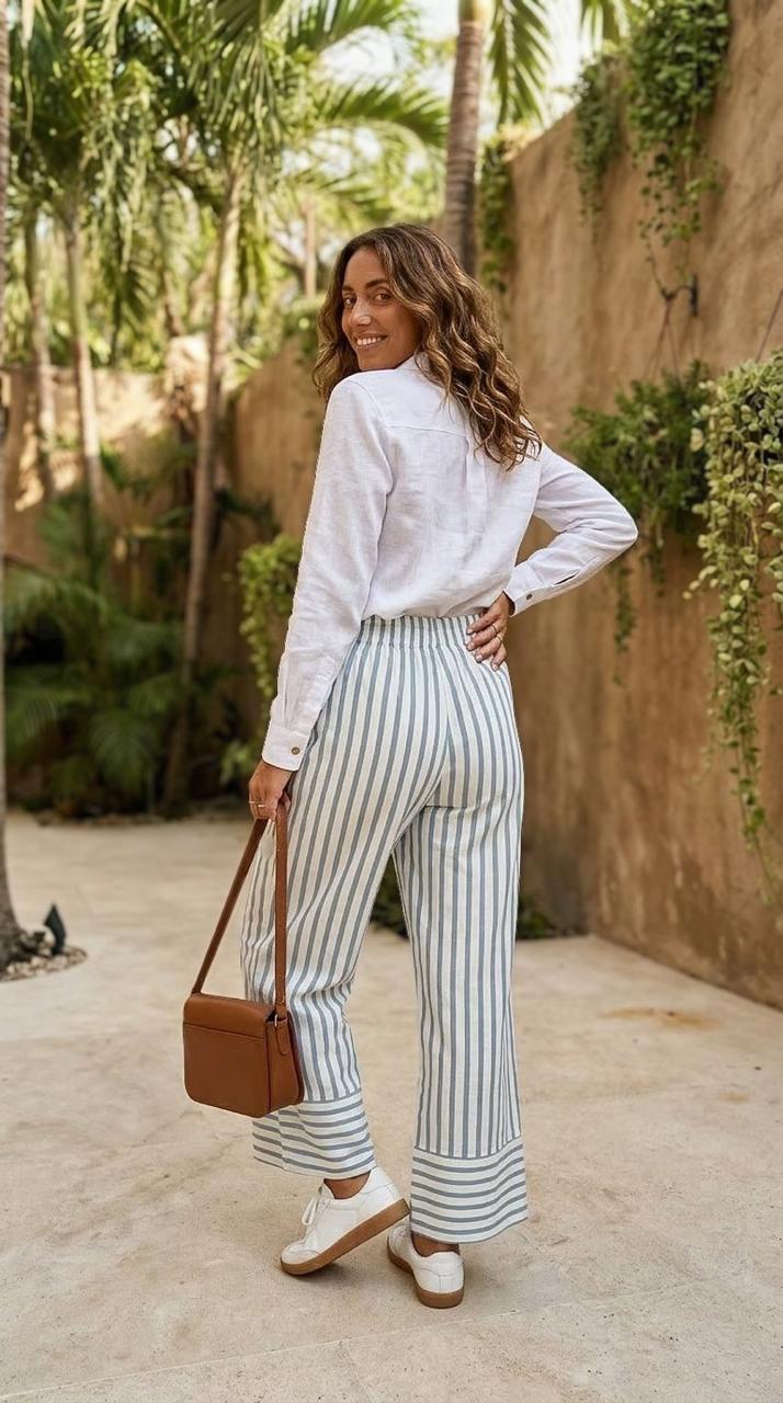Caprice - Blue Stripe: Wide Leg pants with Elasticated waistband