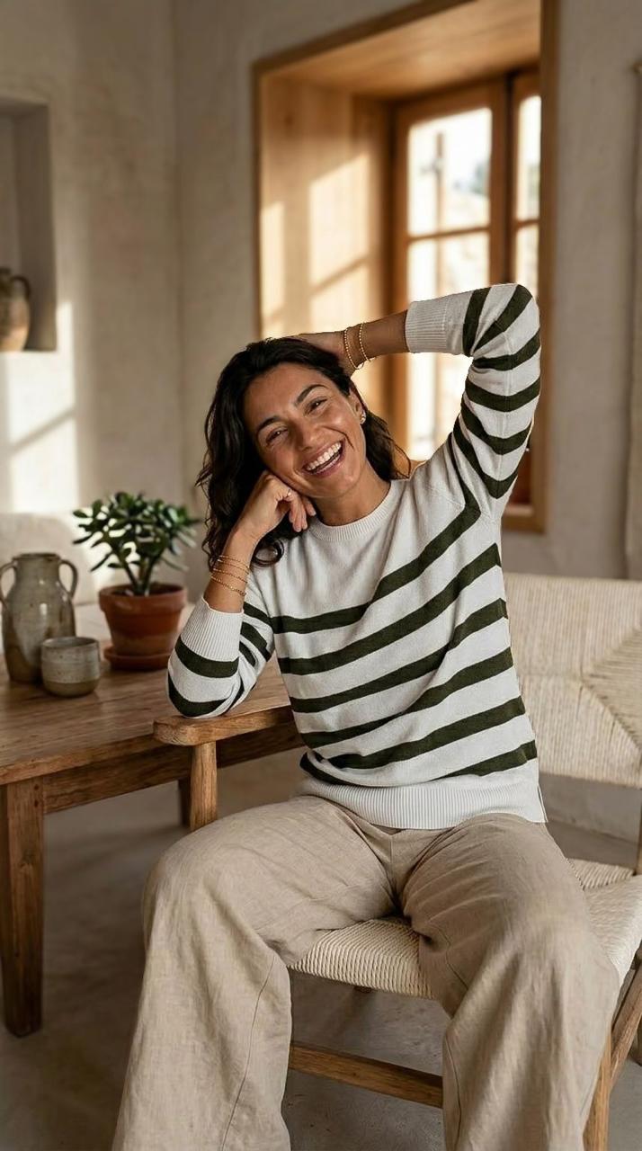 Izzy - Olive stripe: Cotton knitwear