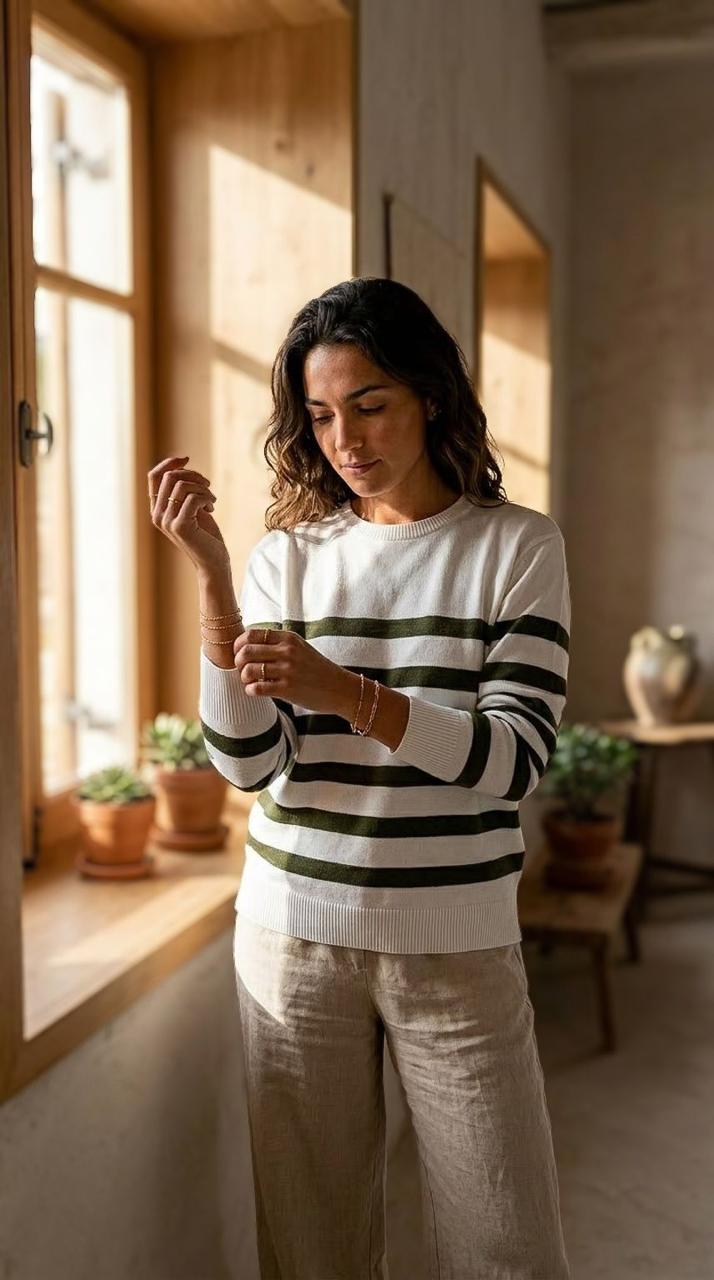 Izzy - Olive stripe: Cotton knitwear