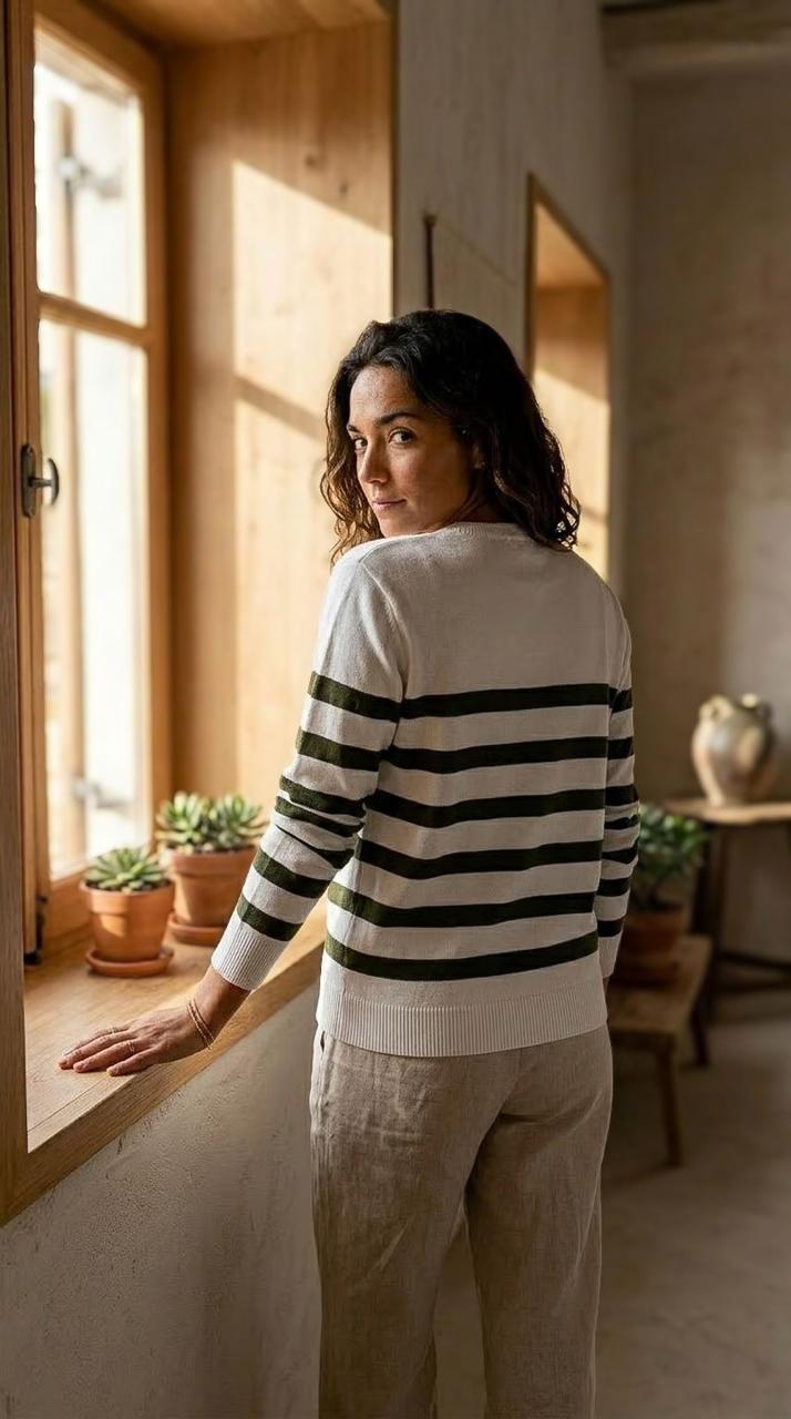 Izzy - Olive stripe: Cotton knitwear