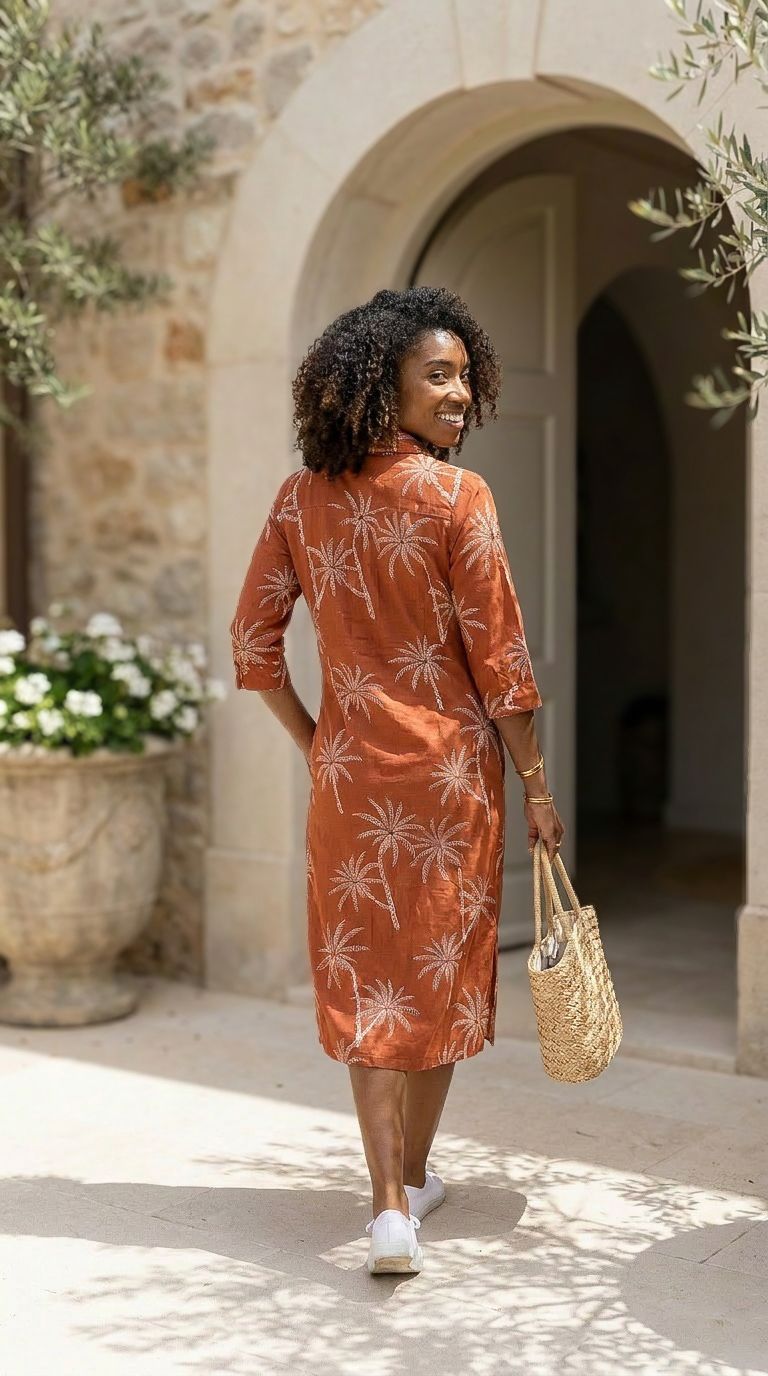 Sarah - Sunset Palms: Classic midi shirt dress